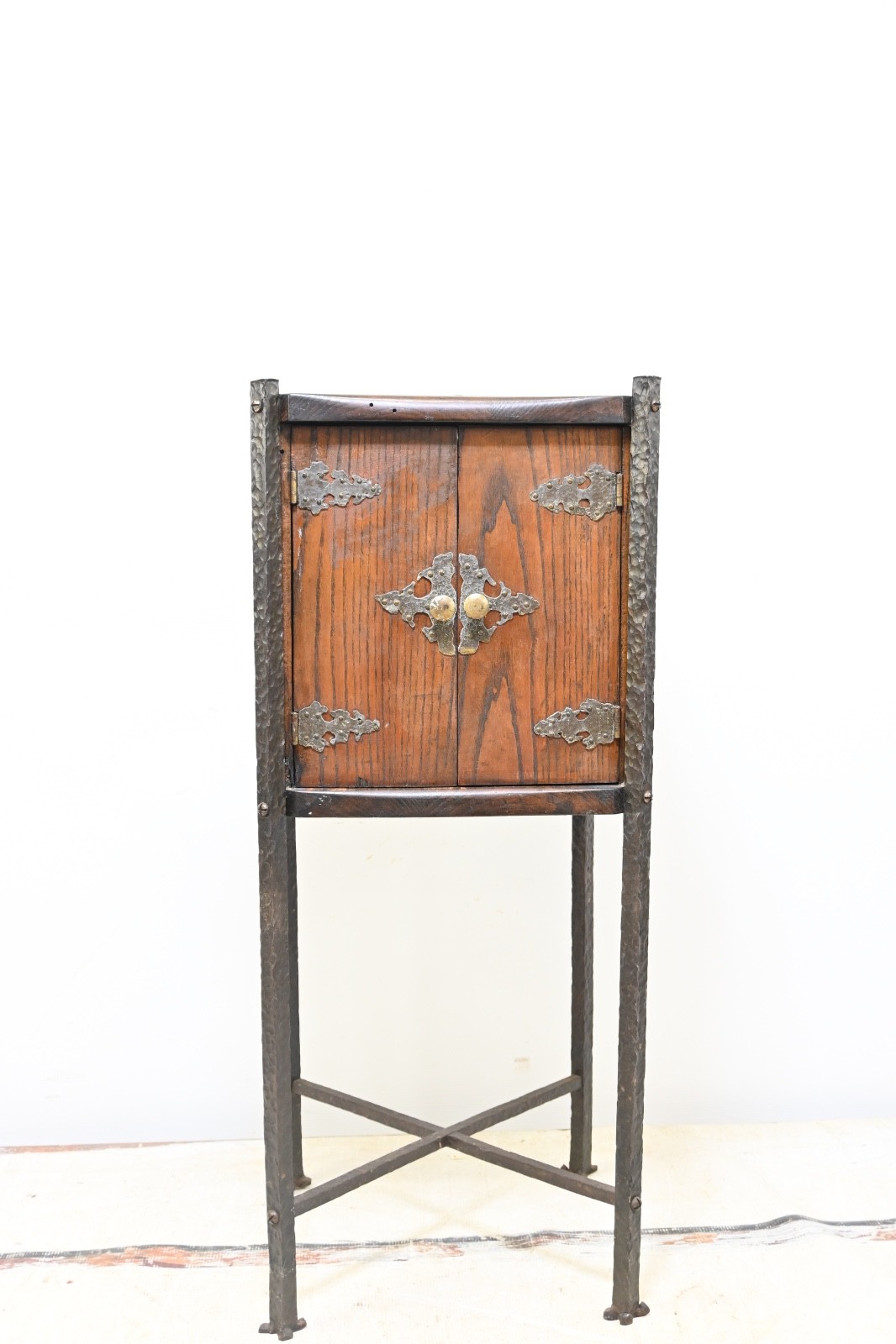 Antique OOAK Handcrafted Iron Stand And Hardware Accent Cabinet Smoking Document