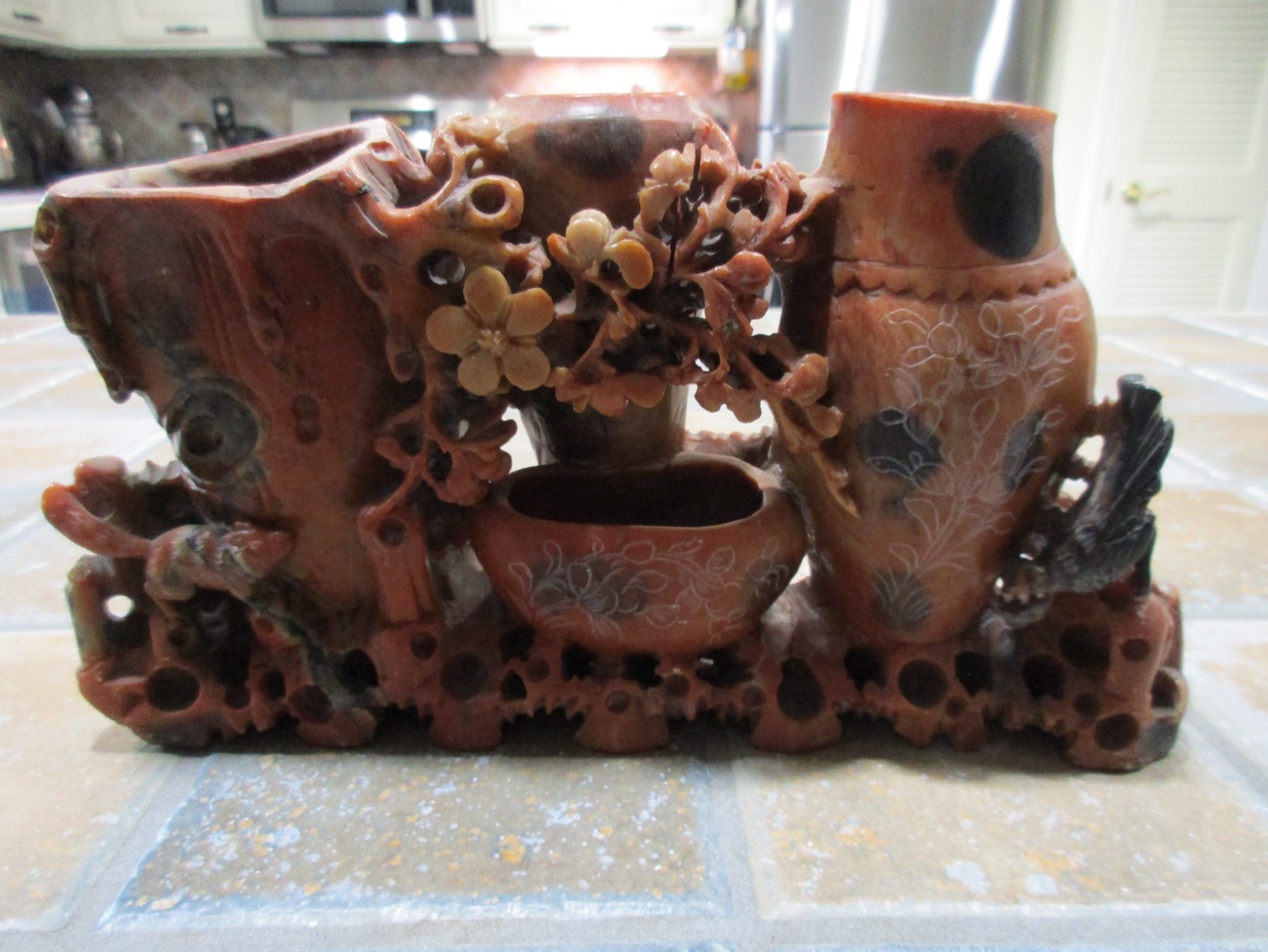 Vintage Chinese Hand-Carved Soapstone Land Brush Pot Birds Animals Orange BLack