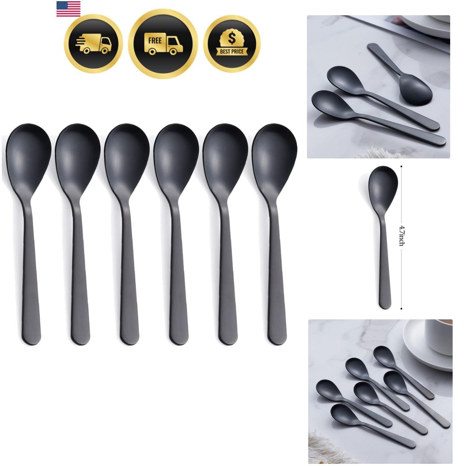 Espresso Coffee Spoons Set of 6 Mini Teaspoons Satin Finish Black Stainless S…