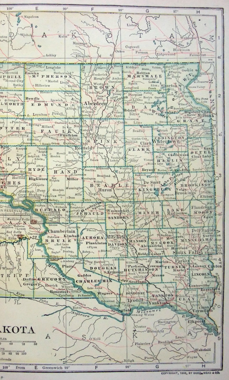 South Dakota – Original 1911 Dated Map by Dodd Mead & Company. Antique