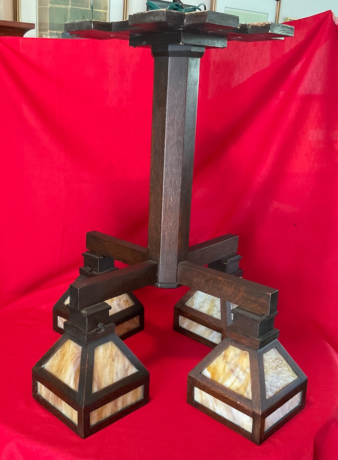 Antique Arts Crafts Mission Oak Caramel Slag Glass 4 Light Bungalow Chandelier