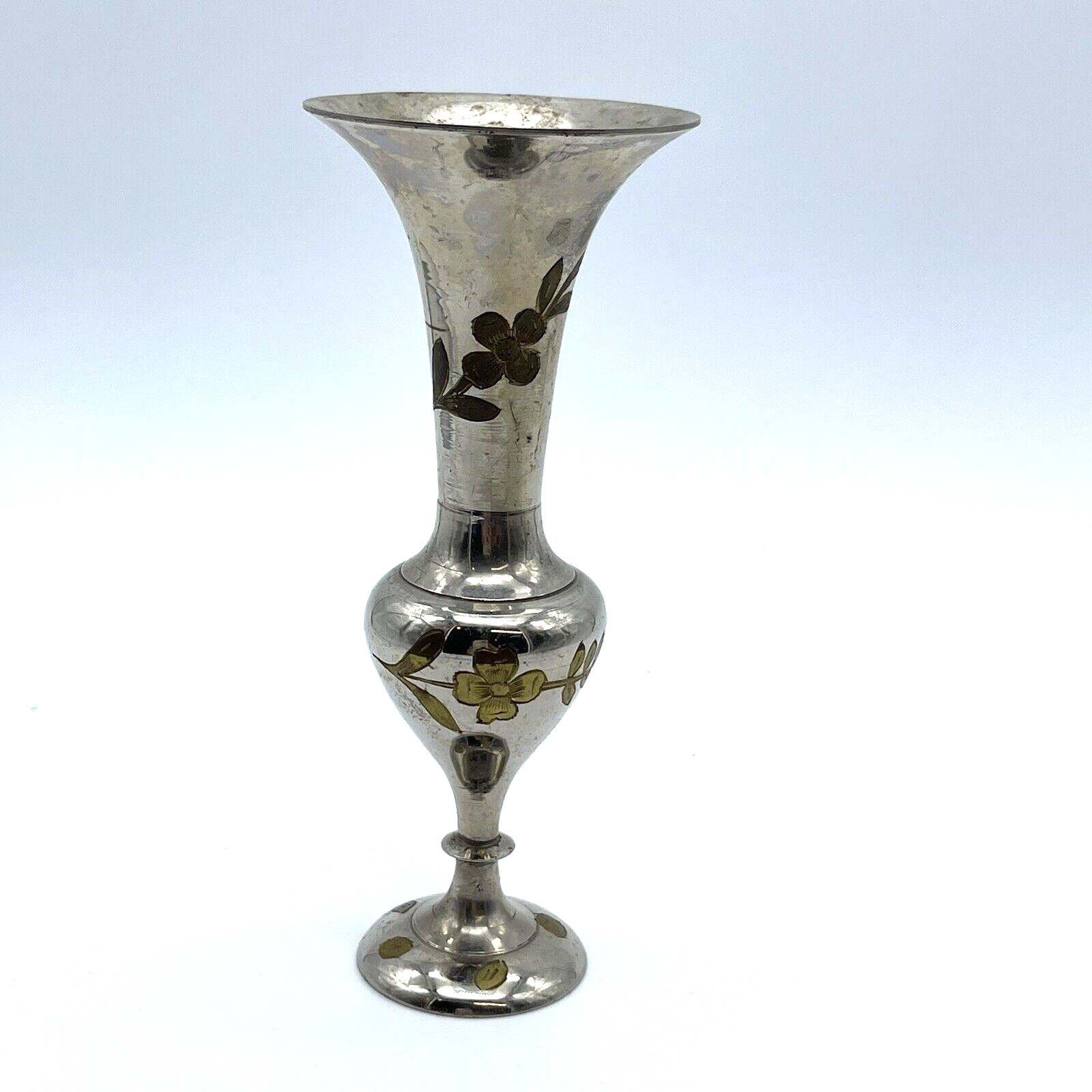 Vintage Bud Vase made In India Silver Tone with Brass Etched floral design 6″