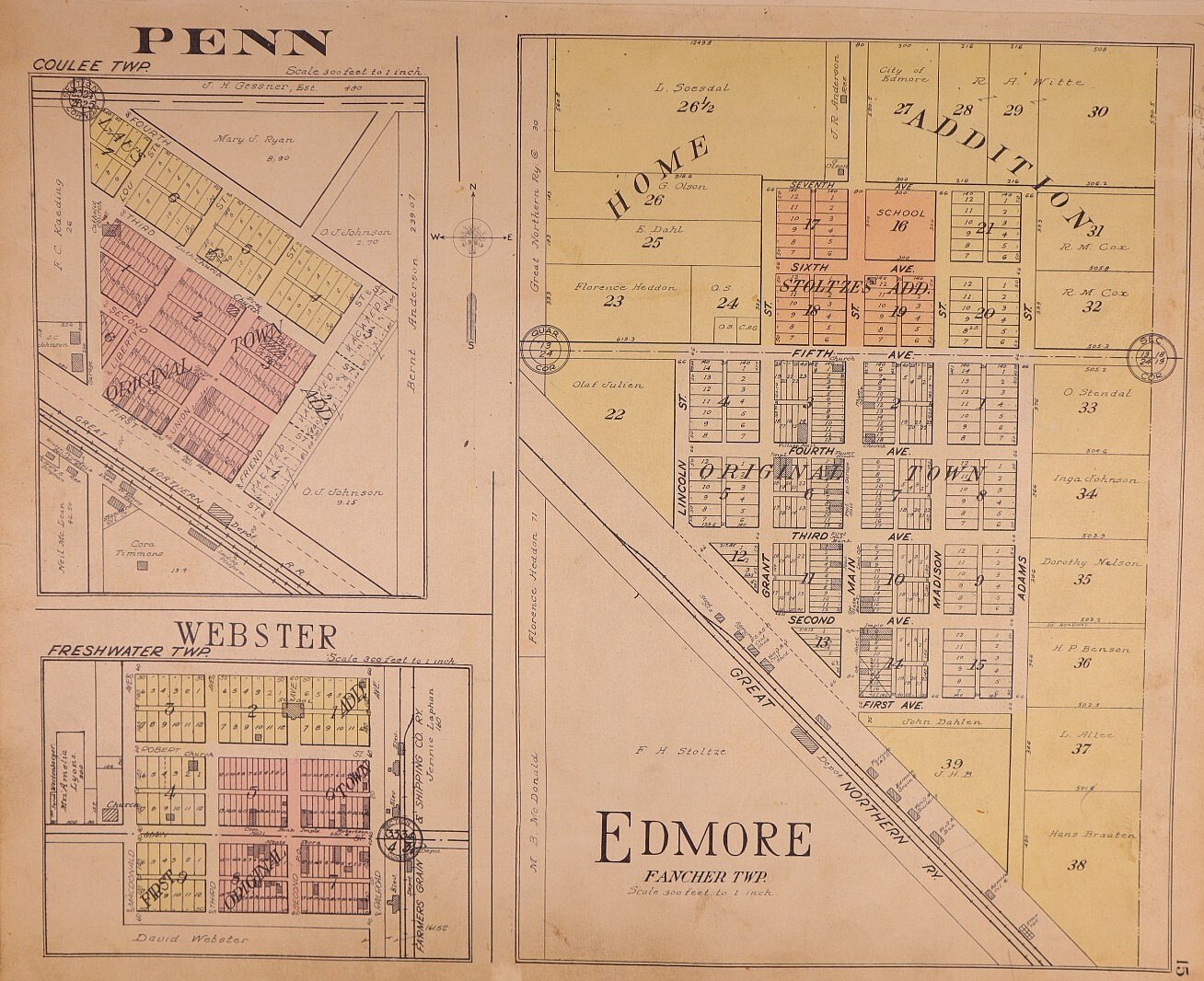 1928 Plat Map PENN – EDMORE, RAMSEY Co., NORTH DAKOTA / STARKWEATHER on Reverse