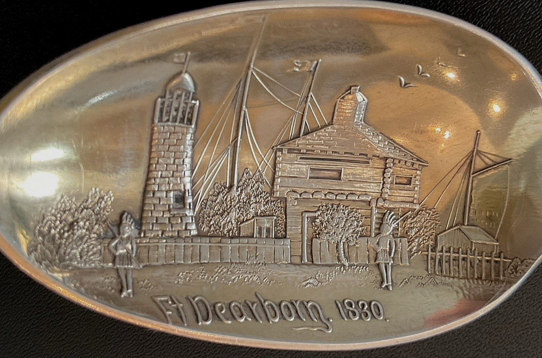 Fort Dearborn Chicago 1830 Watch Tower 6″ Sterling Souvenir Spoon by Wallace 23g