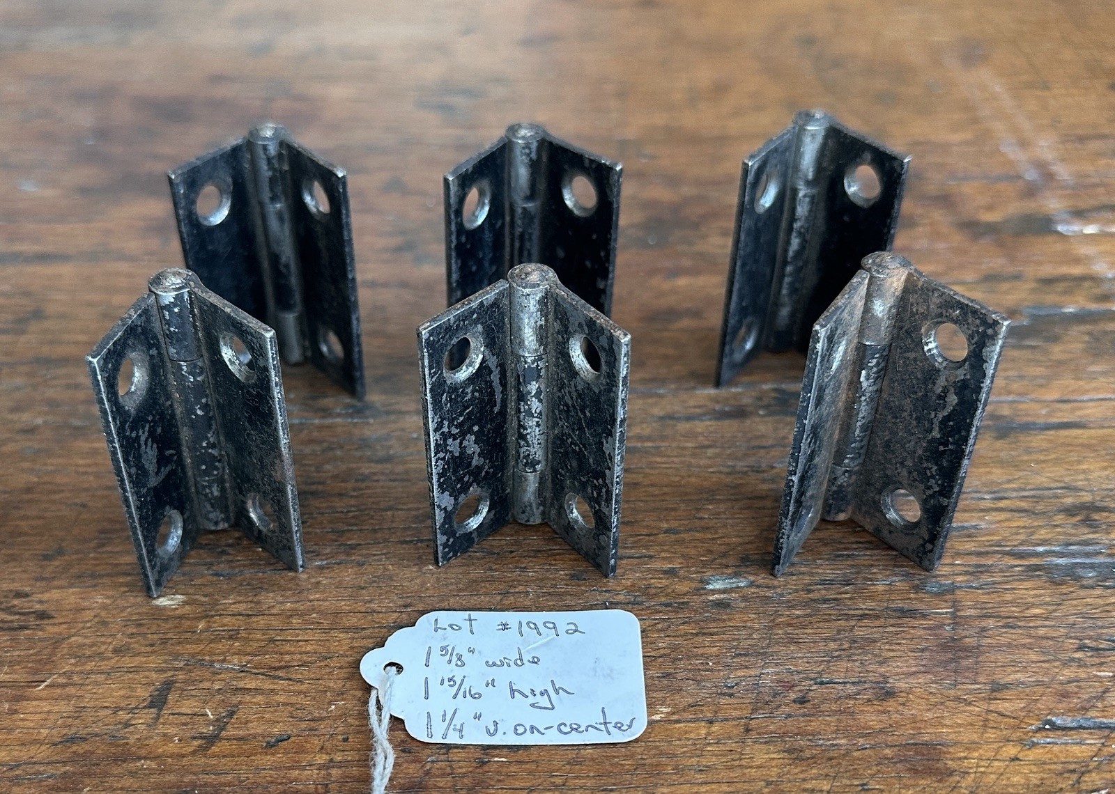 #1992–ONE EACH Antique Stanley SW Sweetheart Metal Hinge 1 5/8” w. x 1 15/16” h.