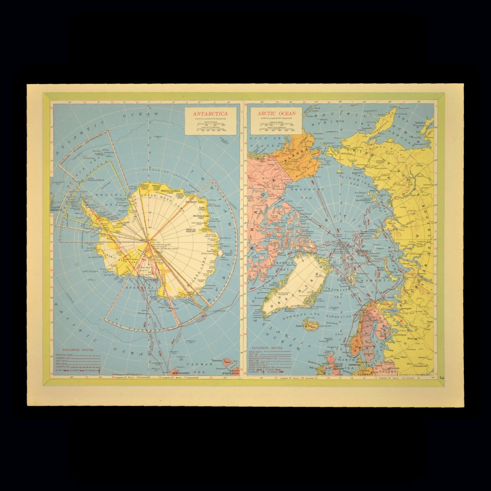 Vintage SOUTH POLE Map of NORTH POLE Polar Explorations Antarctica Admiral Byrd