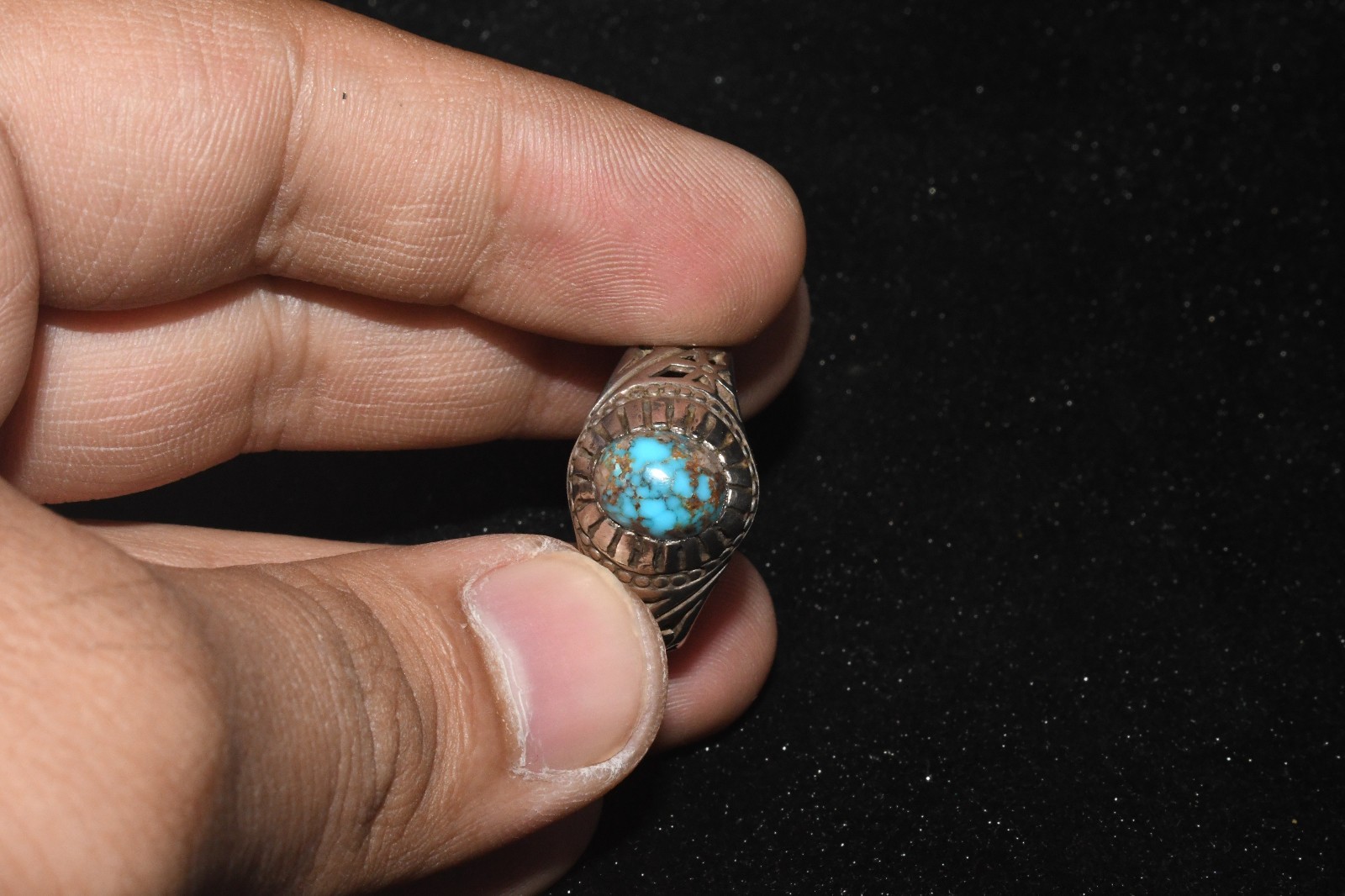 Big Antique Old Near Eastern Solid Silver Ring with Natural Turquoise Bezel