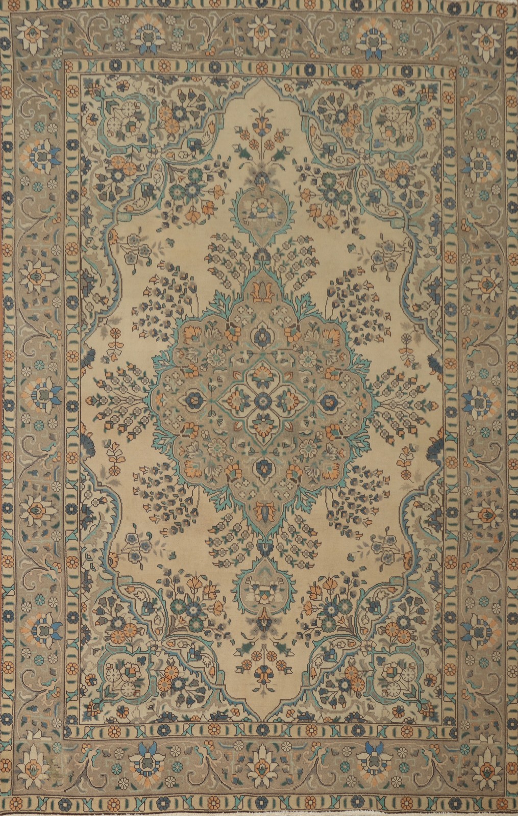 Vintage Beige Wool Floral Traditional Room Size Area Rug Hand-knotted Carpet 6×9