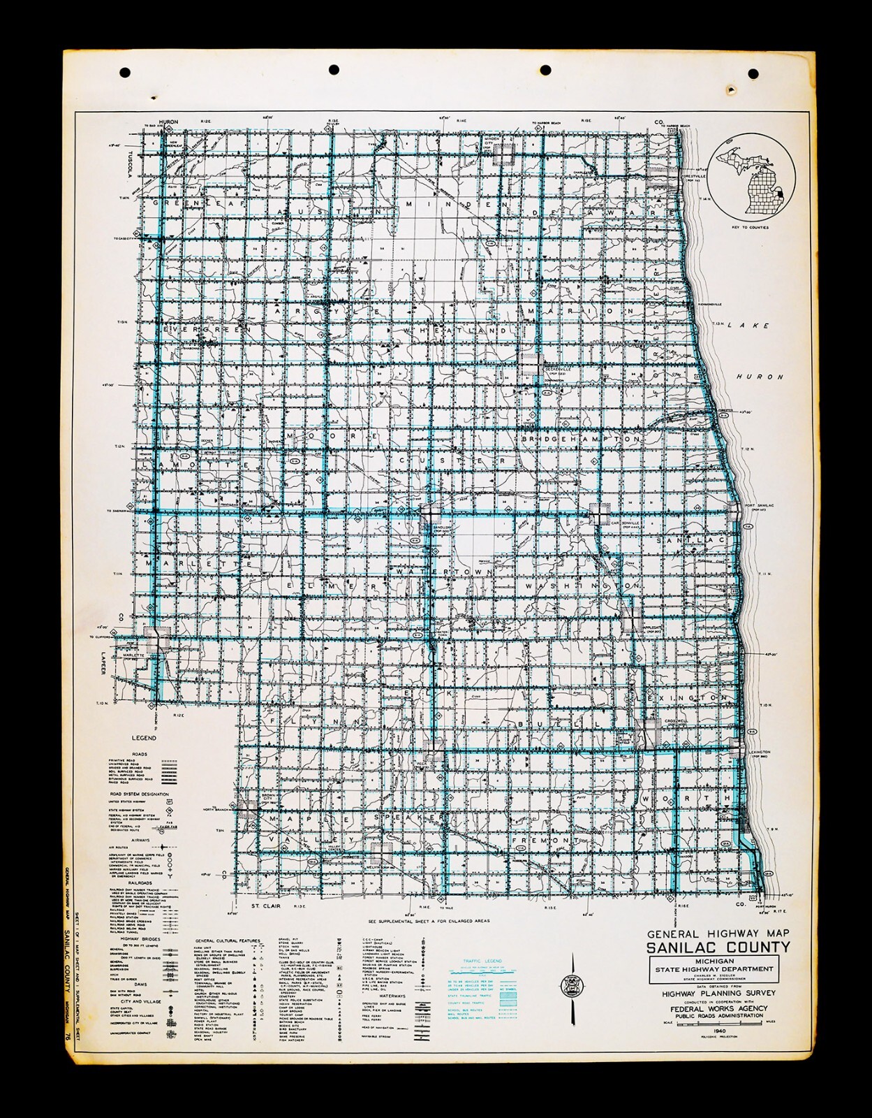 1940 Michigan Highway Map Sanilac County Sandusky Carsonville Minden Lexington