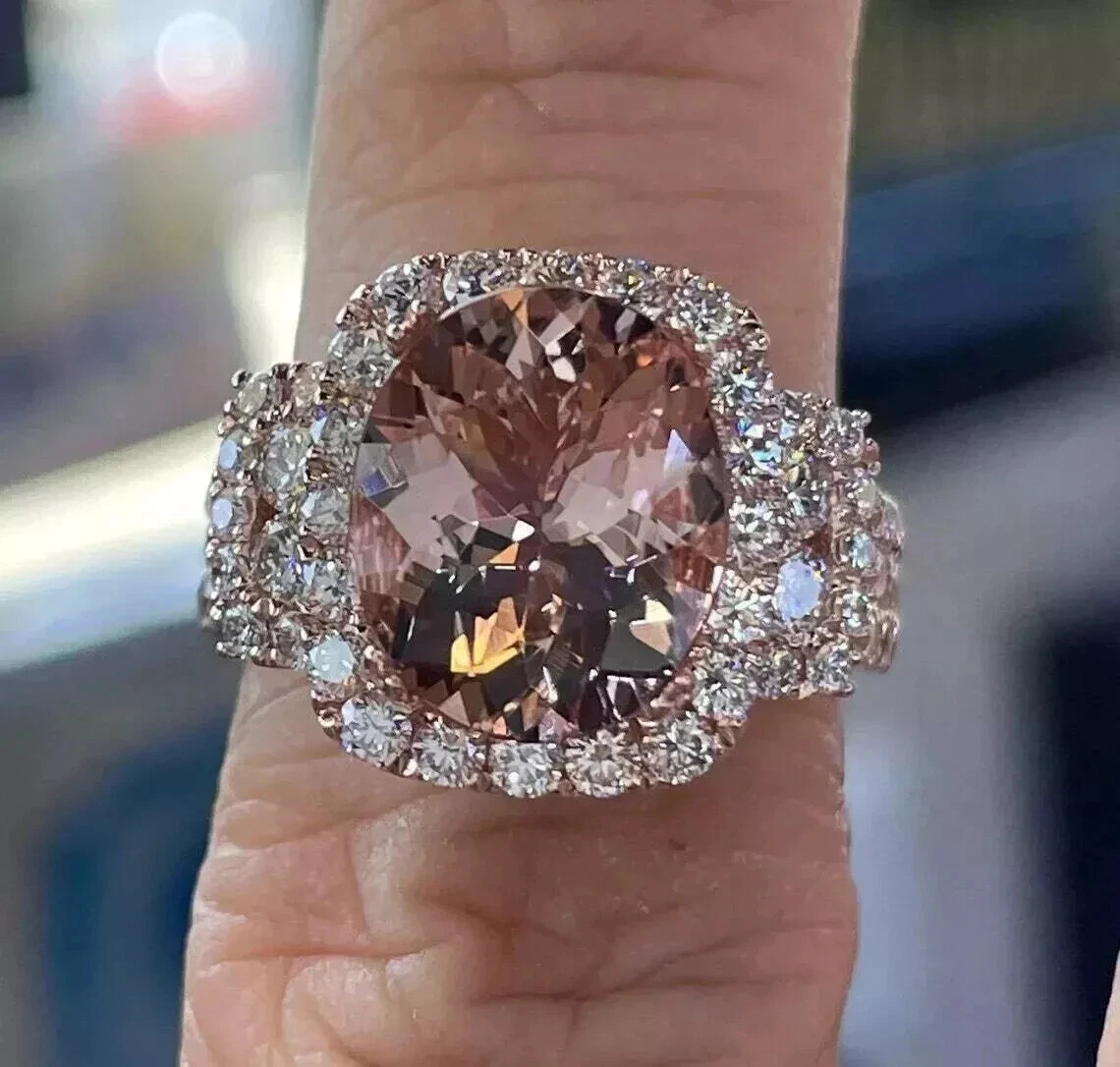 4Ct Oval Cut Lab-Created Morganite Halo Engagement Ring 14K Rose Gold Plated