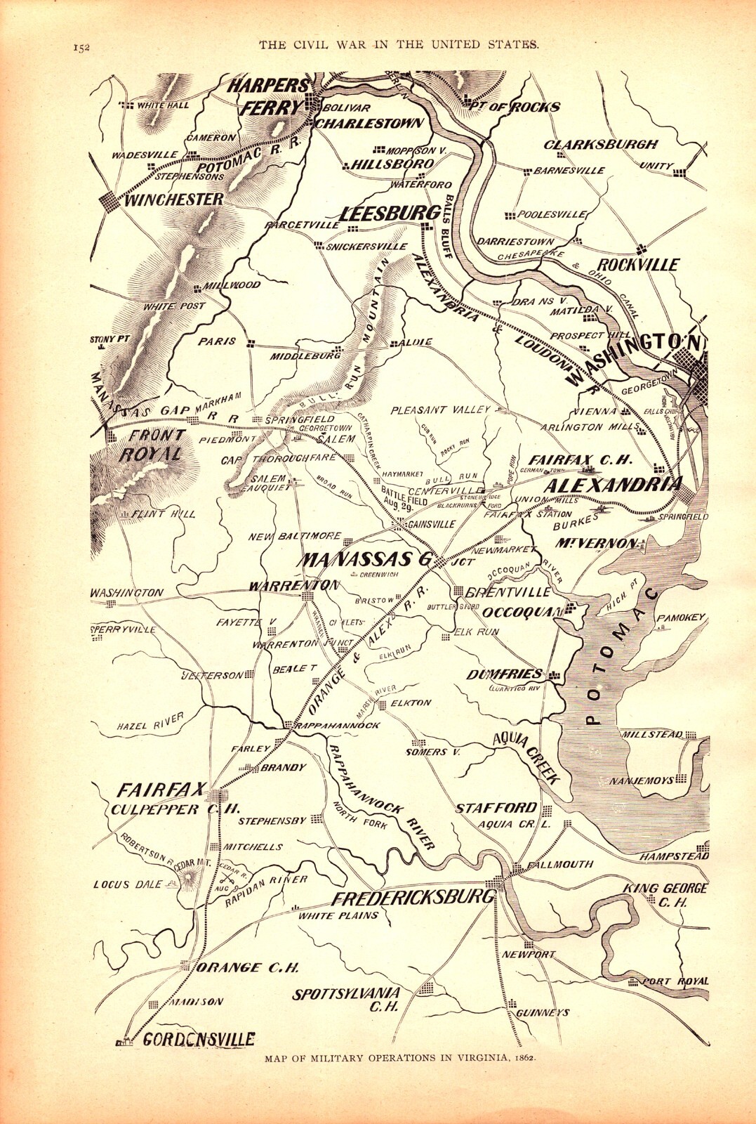 Antique Civil War Map – Military Routes in Virginia Alexandria to Richmond 1896