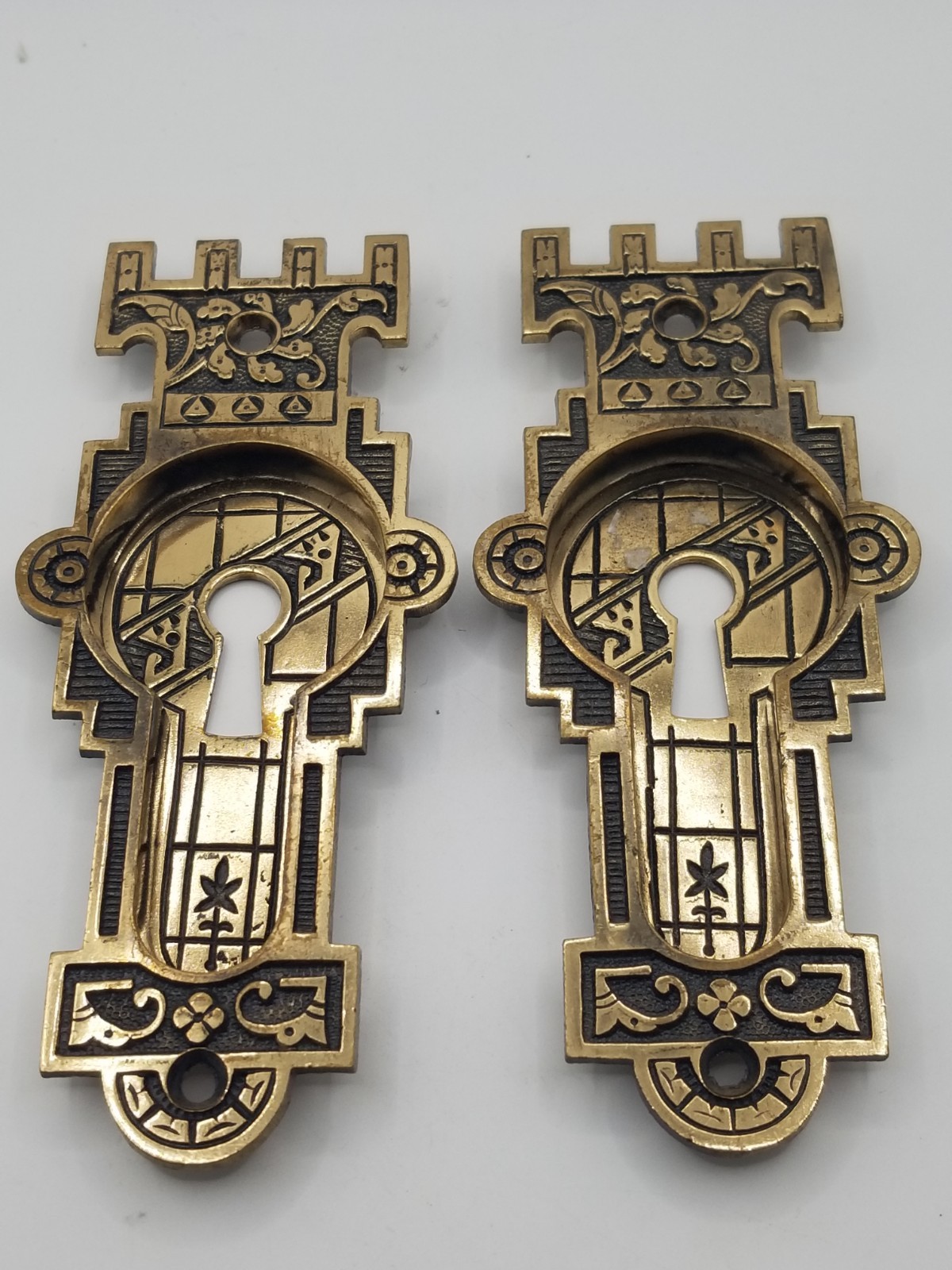 Rare Eastlake Door Plate Key Plate Castle Top Design Set Of 2