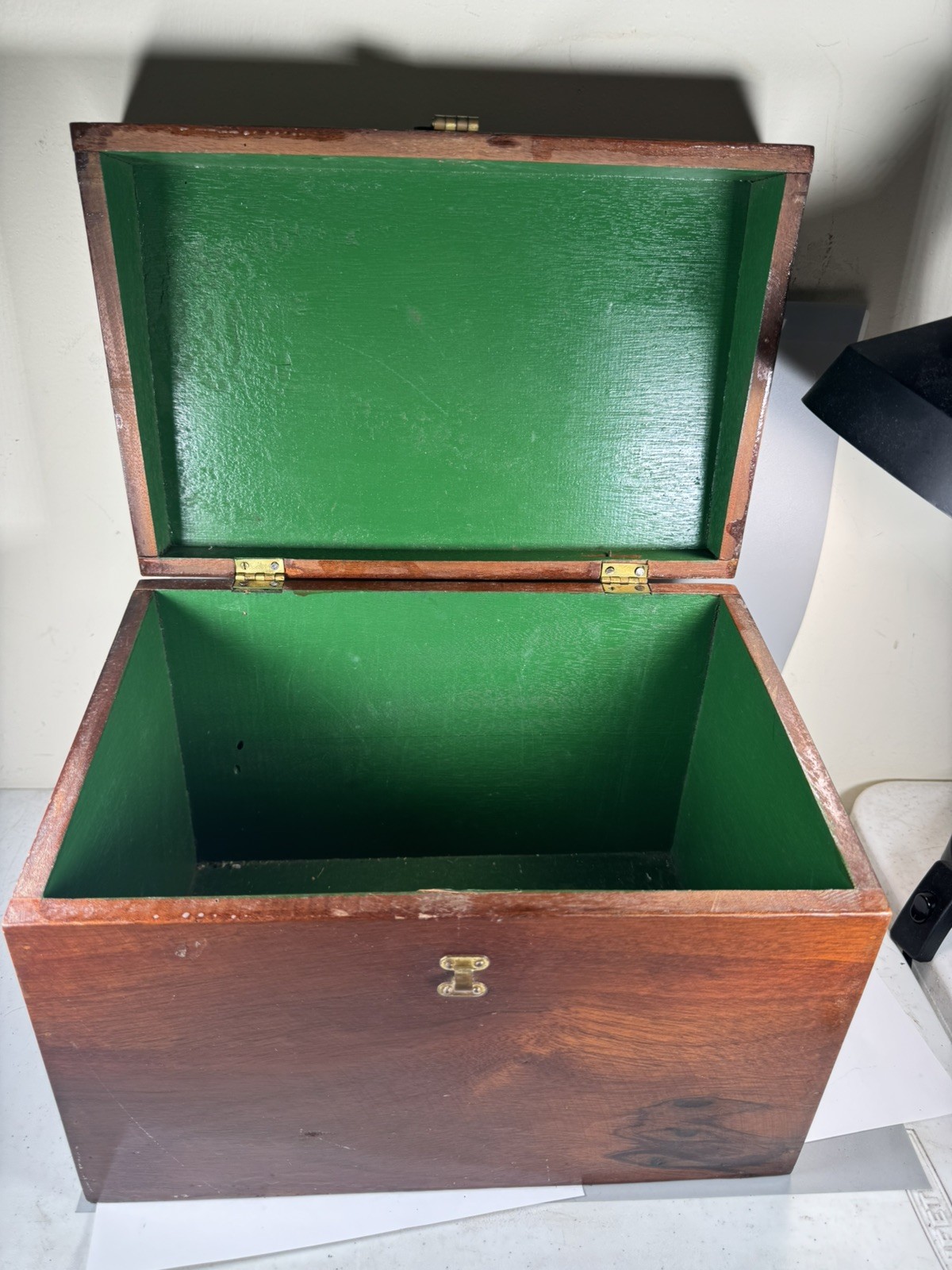Antique Wooden Storage Box Green Interior Brass Hardware c.1900–1930