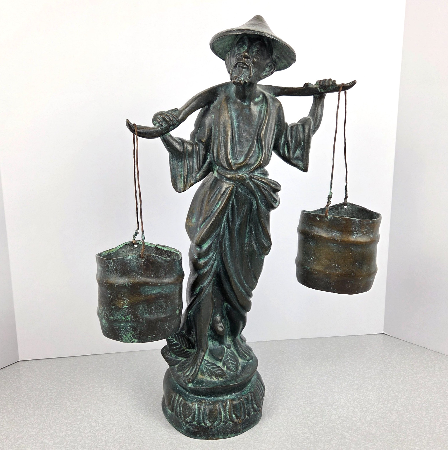 Antique Chinese Bronze Sculpture Man Water Carrier c. 1900 Statue 18.5″ Patina