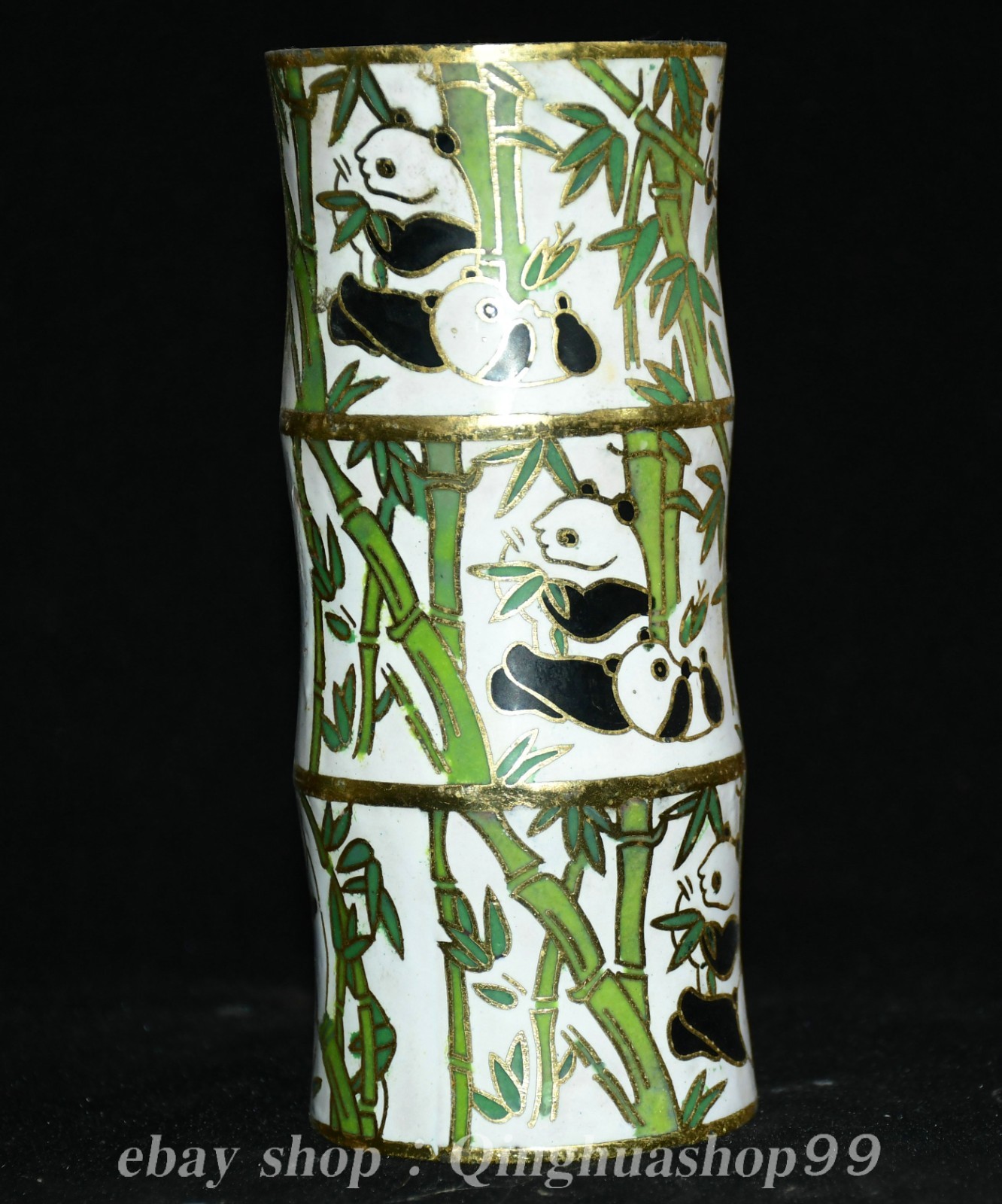 5.2″ Qianlong Marked Copper Cloisonne Panda Bamboo Pattern Brush Pot Pencil Vase