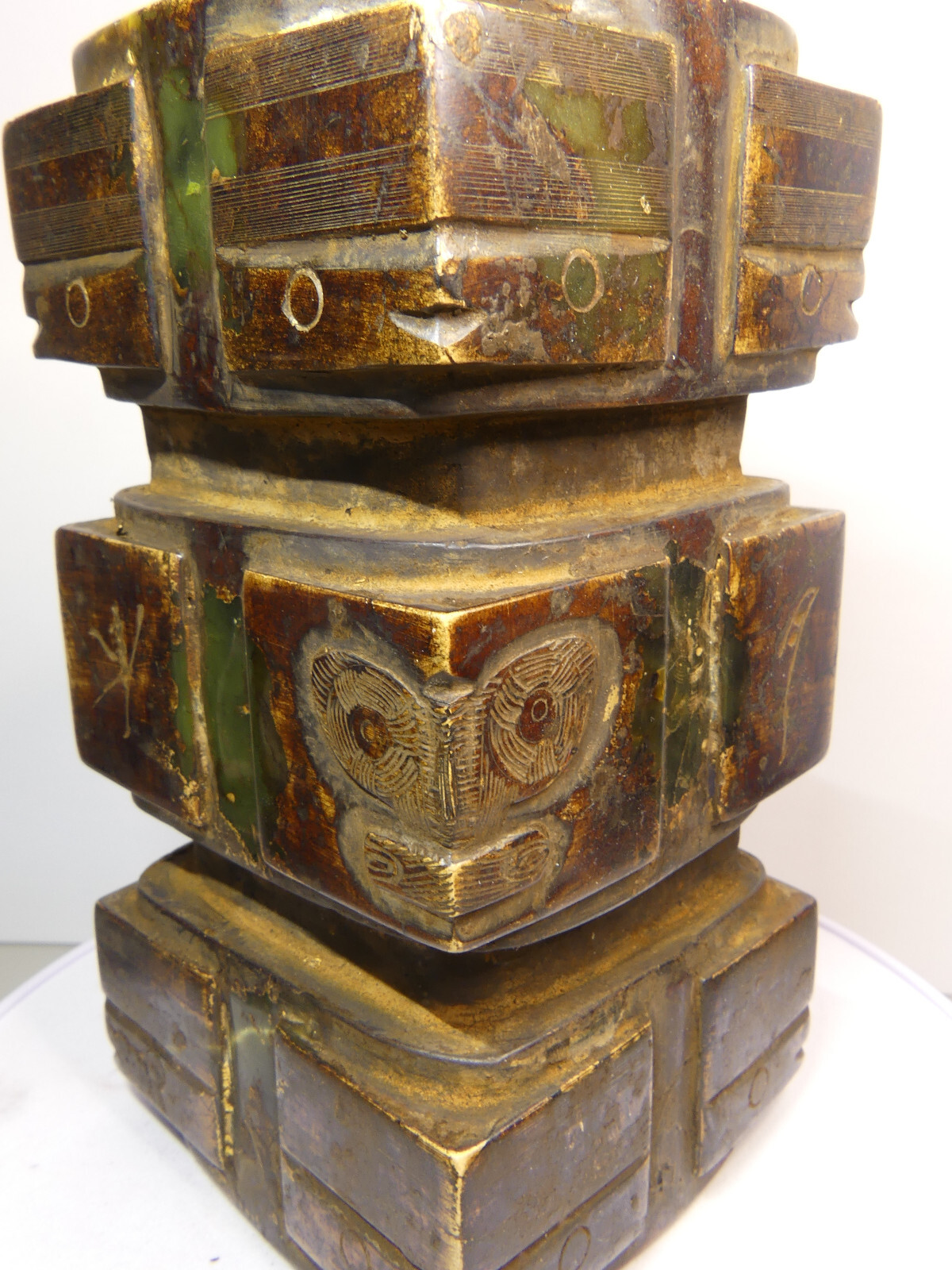 Chinese Liangzhu Jade 6.68″ 3-Tier Cong Weighs 6 lbs and has 2 Taotie Monsters!