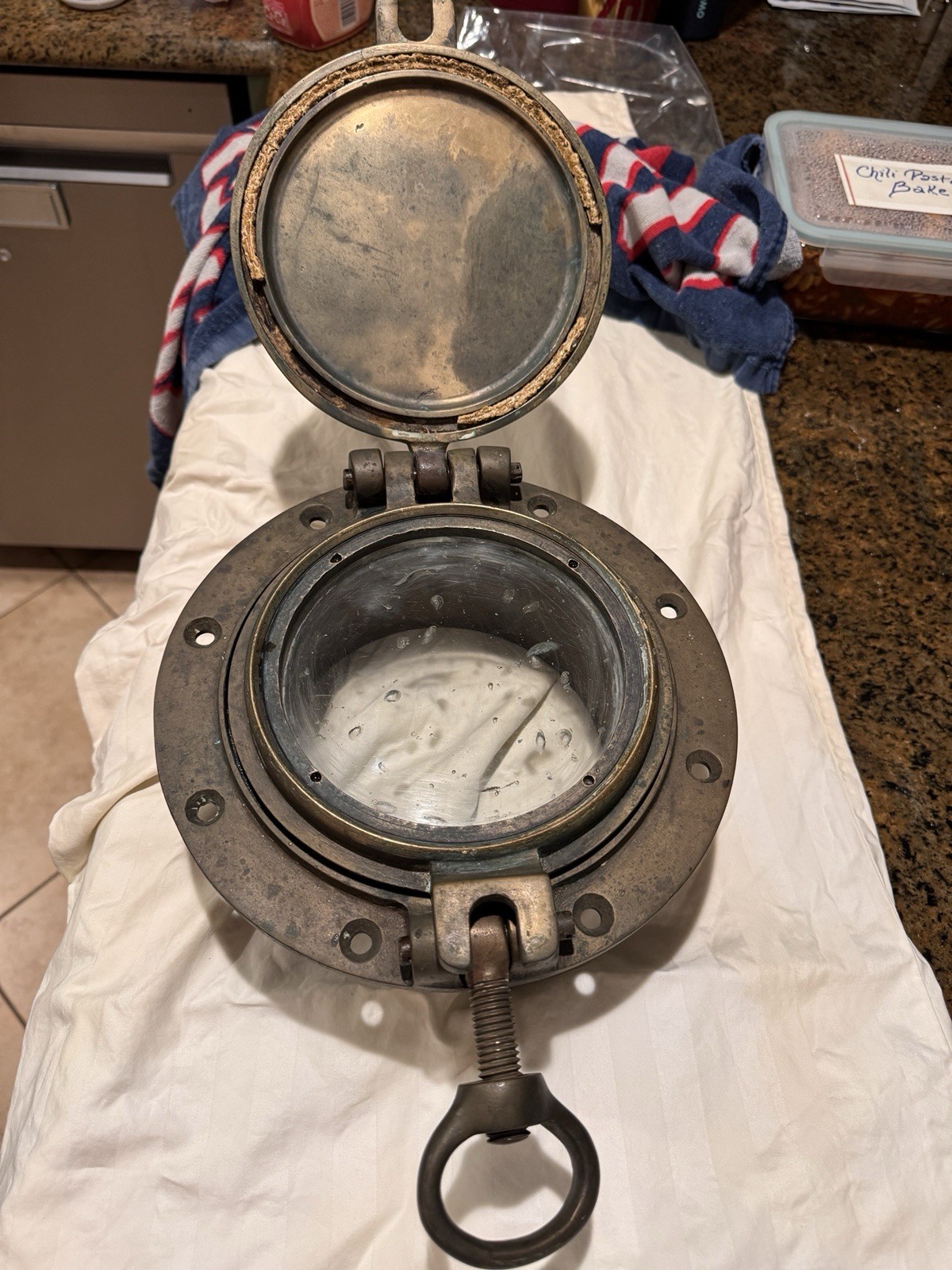 Authentic Antique Solid Bronze Ship Porthole/Scuttle 7 1/2 inch convex glass.