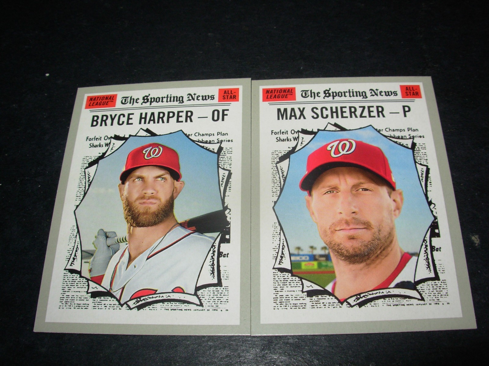 2019 Topps Heritage Sporting News #360 Scherzer, #367 Harper