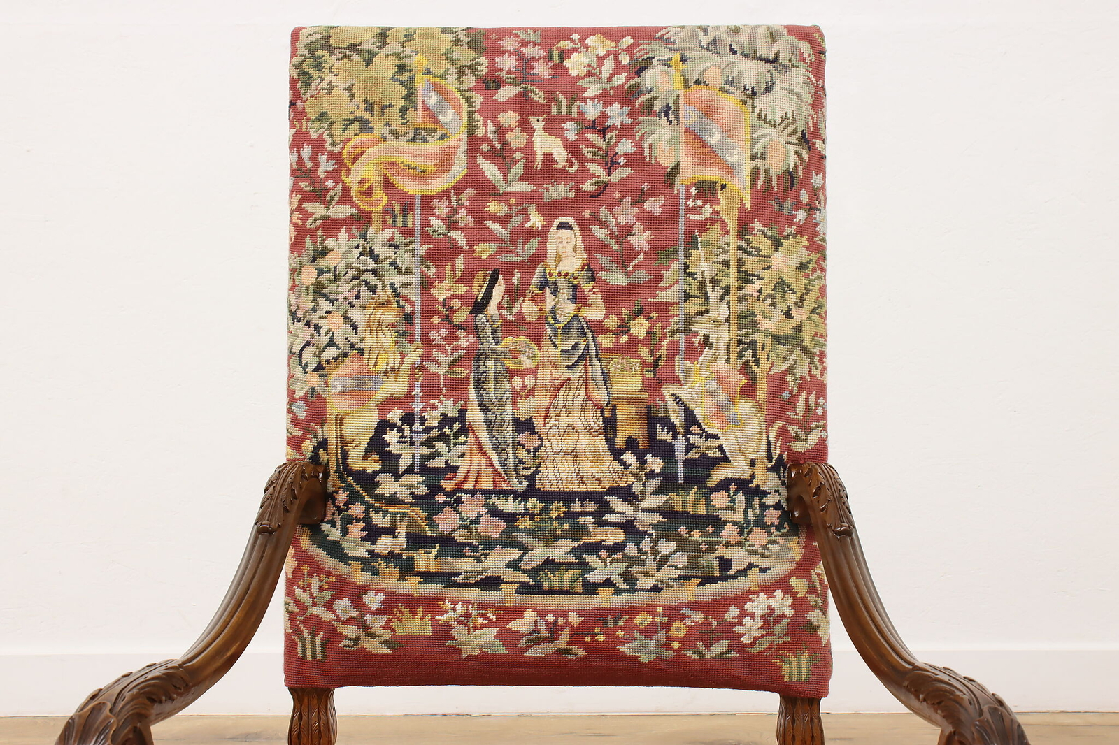 Renaissance Antique Unicorn Needlepoint Hall Throne Chair #53531
