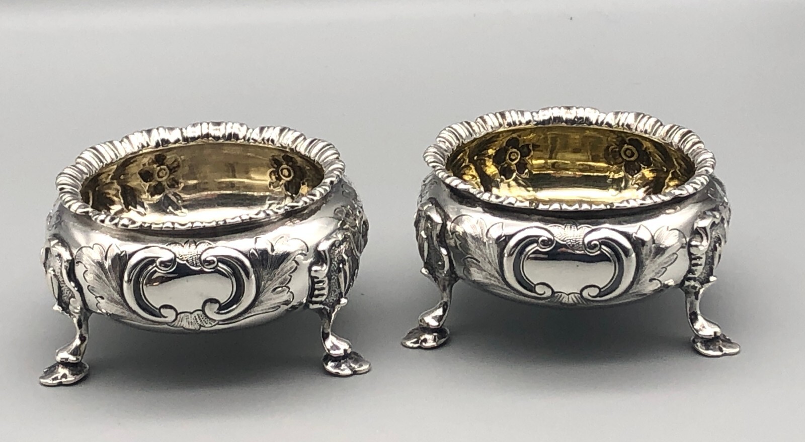 Antique 1857 English Floral Repousse Sterling Silver Footed Open Large Salt Pair