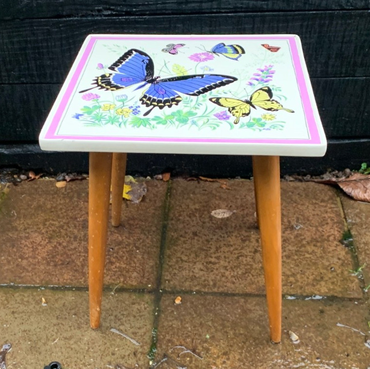 Vintage small side table 50s 60s Kleinmobel tile top butterflies rockabilly
