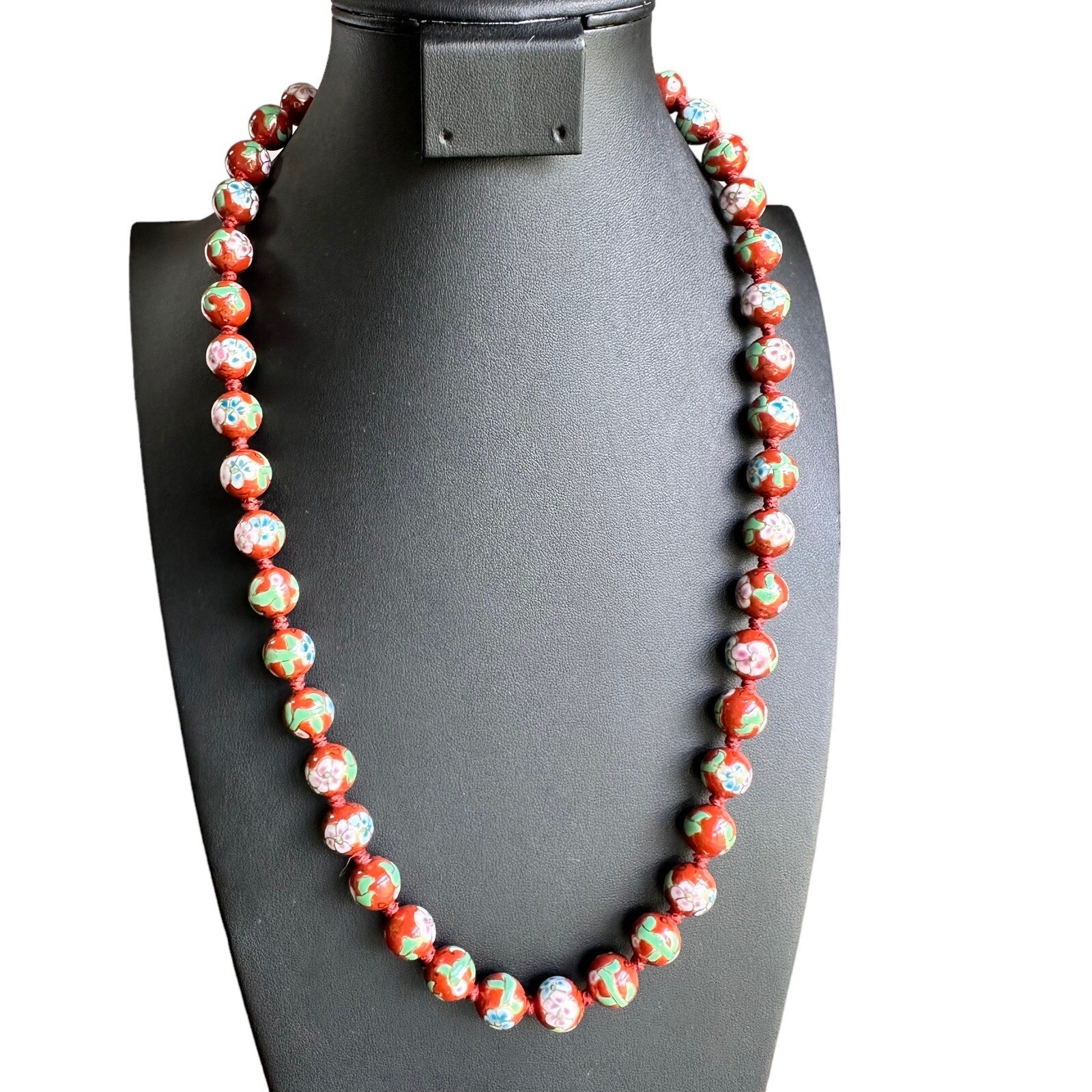 VINTAGE CHINESE CLOISONNÉ Red Enamel LARGE BEADS Necklace, Silver/Gold Clasp