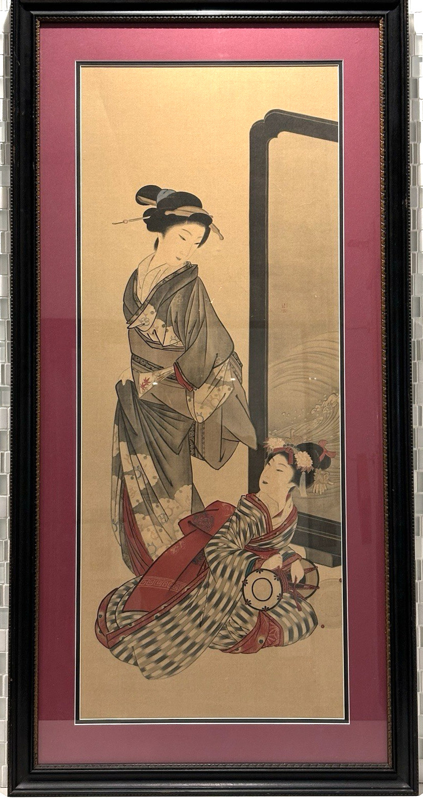 Antique Japanese Woodblock Print, “A Beauty with Attendant”, Rare Asian Gifts