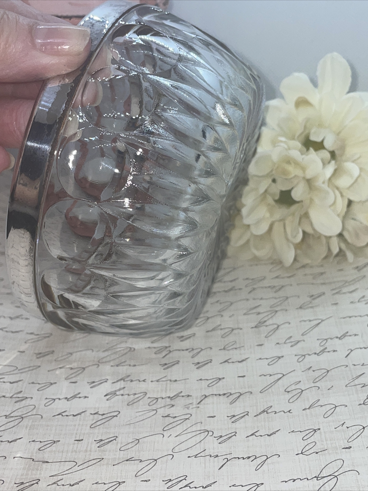 MID CENTURY Leonard Italy Cut Crystal Glass Silverplate Rim Cereal Nut Bowl 5″