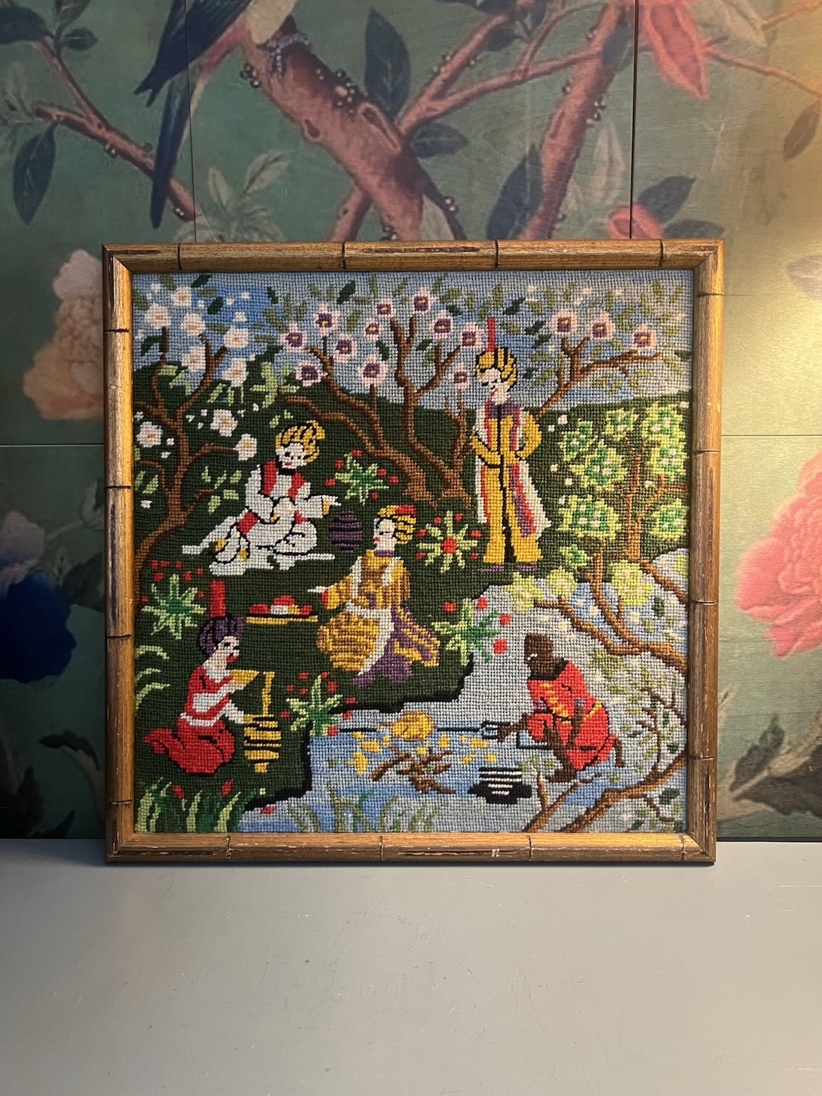 Vintage 60’s India Village scene handmade Needlepoint Multi-color Framed Panel