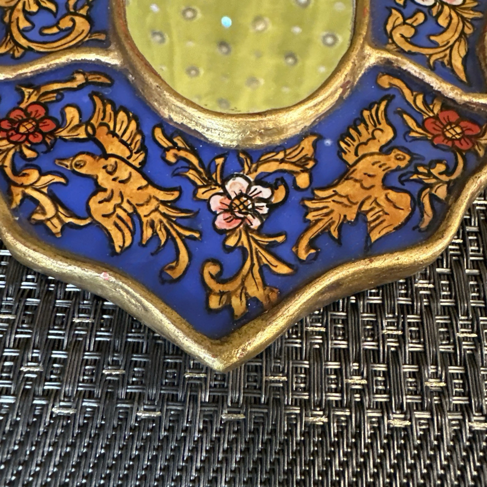 Peruvian Reverse Painted Wall Mirror Blue Gold Birds Floral Folk Art MCM 7”x5”