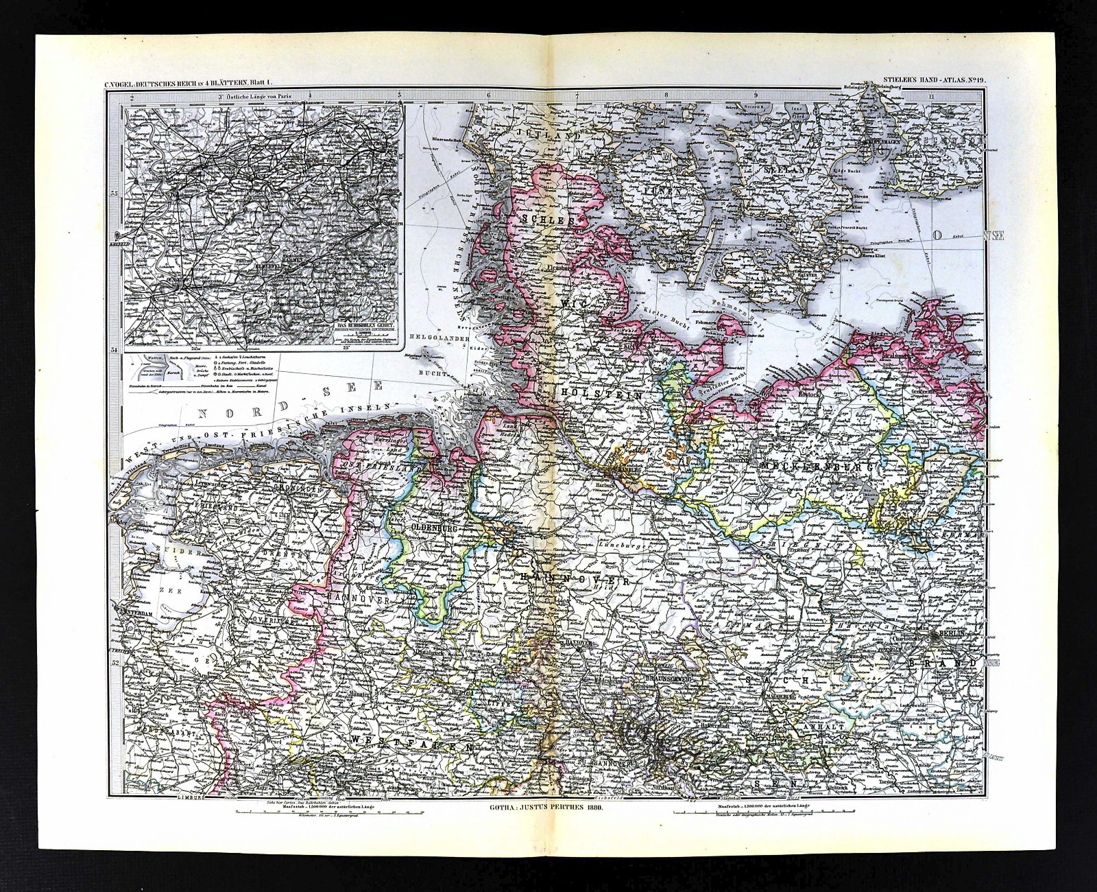 1880 Stieler Map Germany Holstein Hanover Berlin Holand Denmark HamburgEurope
