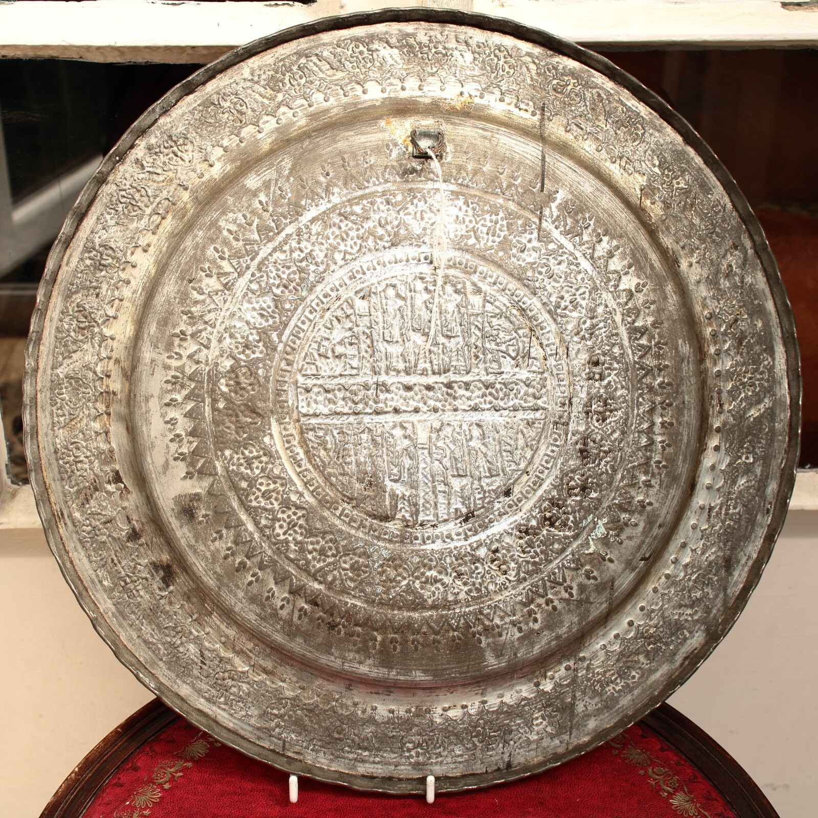 Middle Eastern Tinned Copper Tray Hand Hammered Decorations, 39cm Wide