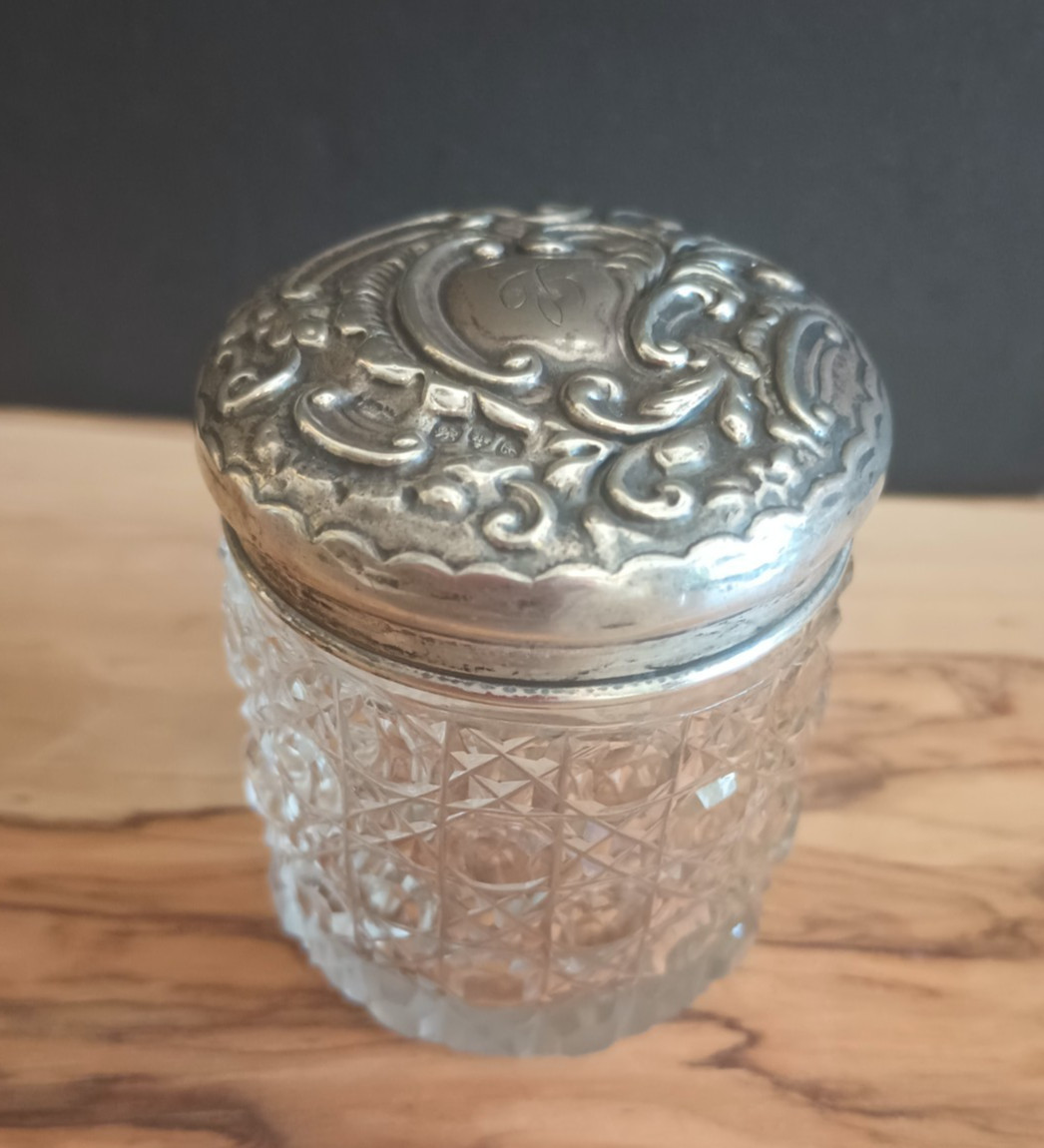 Antique English Sterling Marked Vanity Jar Repoussé Lid Mono Cut Glass