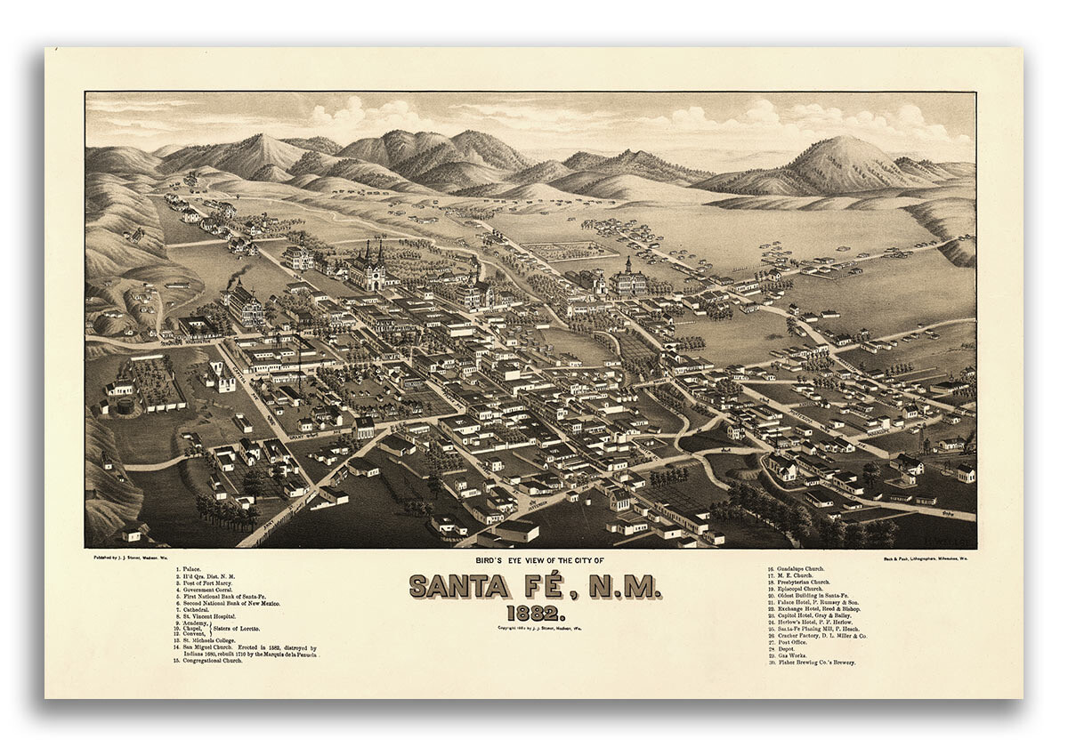 1882 Santa Fe New Mexico Vintage Old Panoramic City Map – 24×36