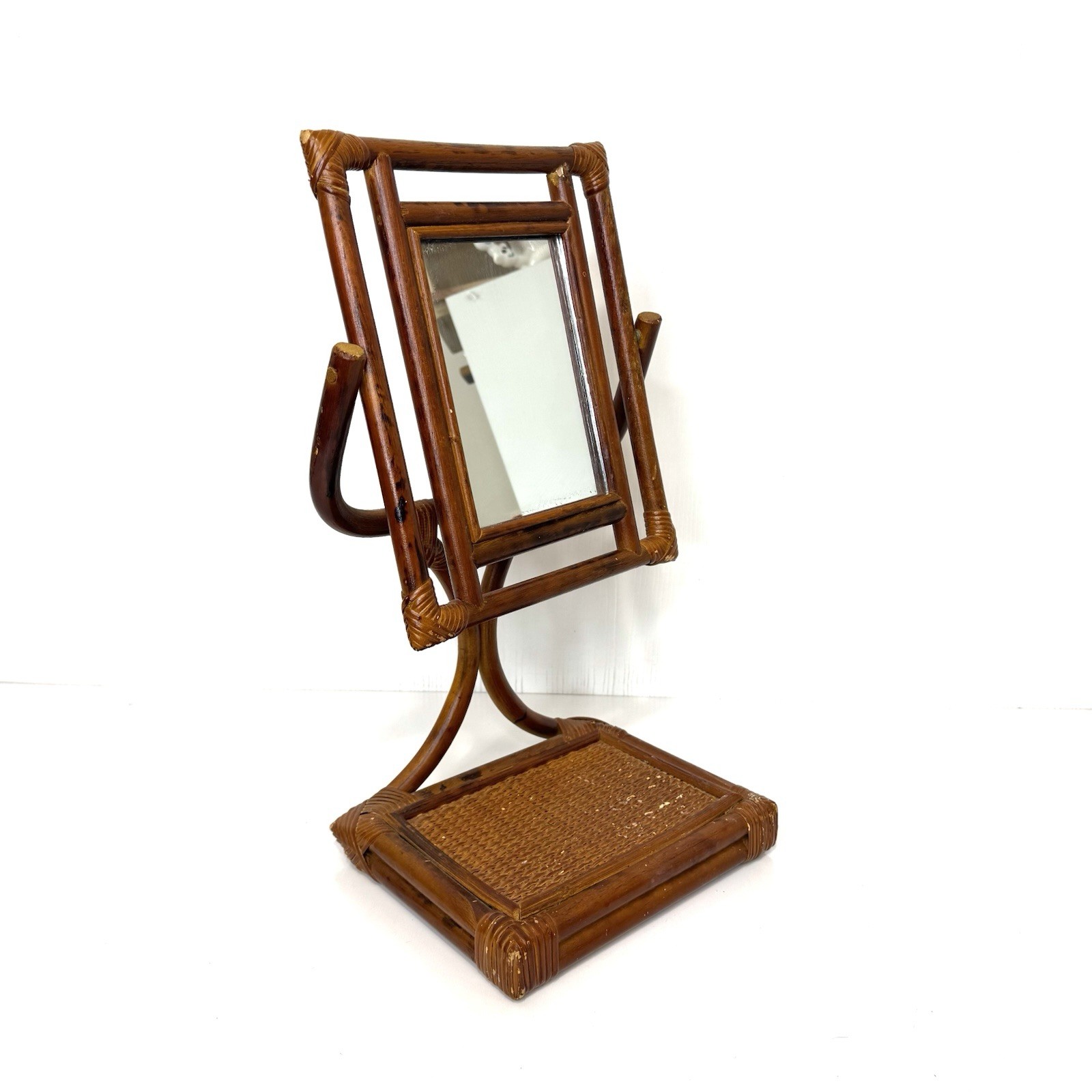Vintage Rattan Bamboo Tabletop Adjustable Pedestal Vanity Mirror MCM