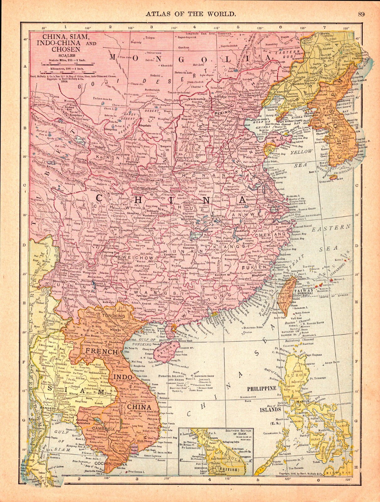 JAPAN, MAIN ISLANDS- CHINA, SIAM, INDO-CHINA Antique Original Map 1915