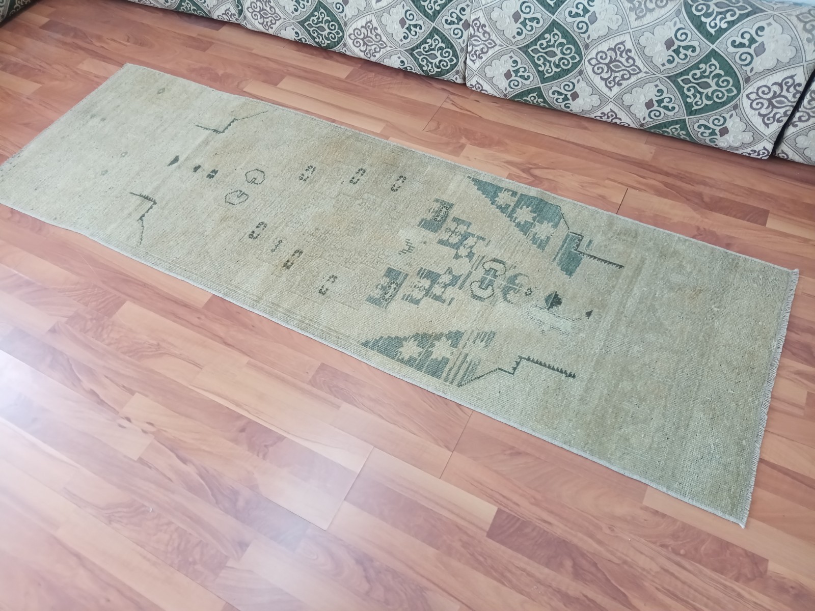 Beige Green Runner Geometric Rug Anatolian Oushak Faded Rug Handmade Rare Rug