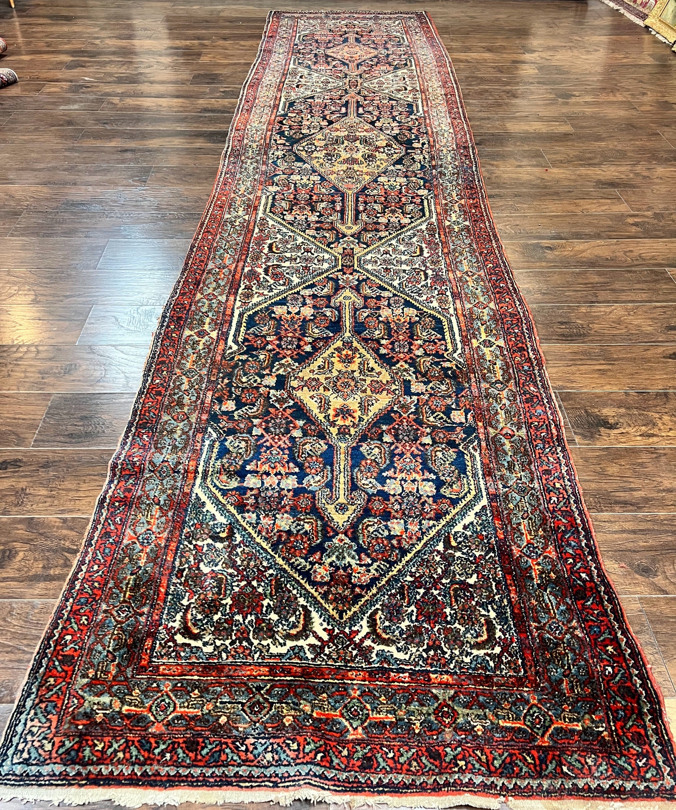 Antique Tribal Runner Rug 3.7 x 15.8 Navy Blue Multicolor Handmade Geometric