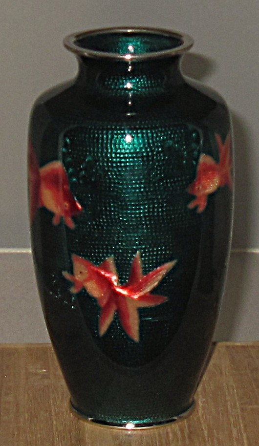 Old SATO Japanese Ginbari Cloisonne Enamel Rare Teal Blue Foil Vase w/ Three Koi