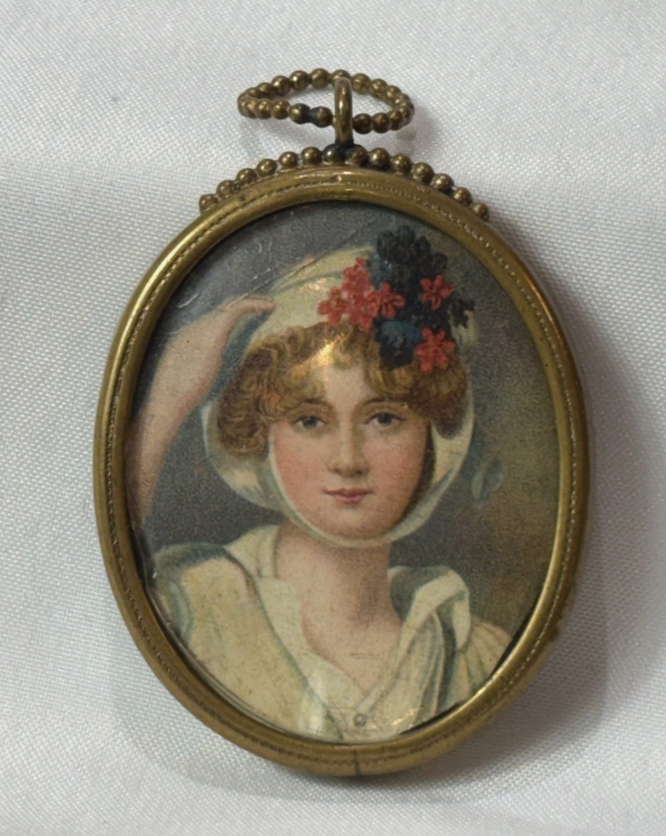 Antique Miniature Portrait Painted Lady WIth Floral Hat Oval Victorian Keepsake