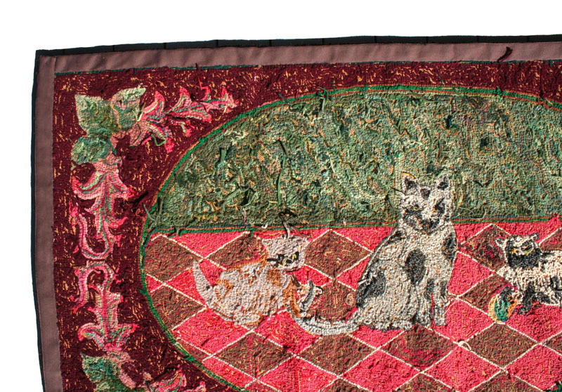 Antique Hand Hooked Rug, Exceptional, Family of Cats, circa 1930