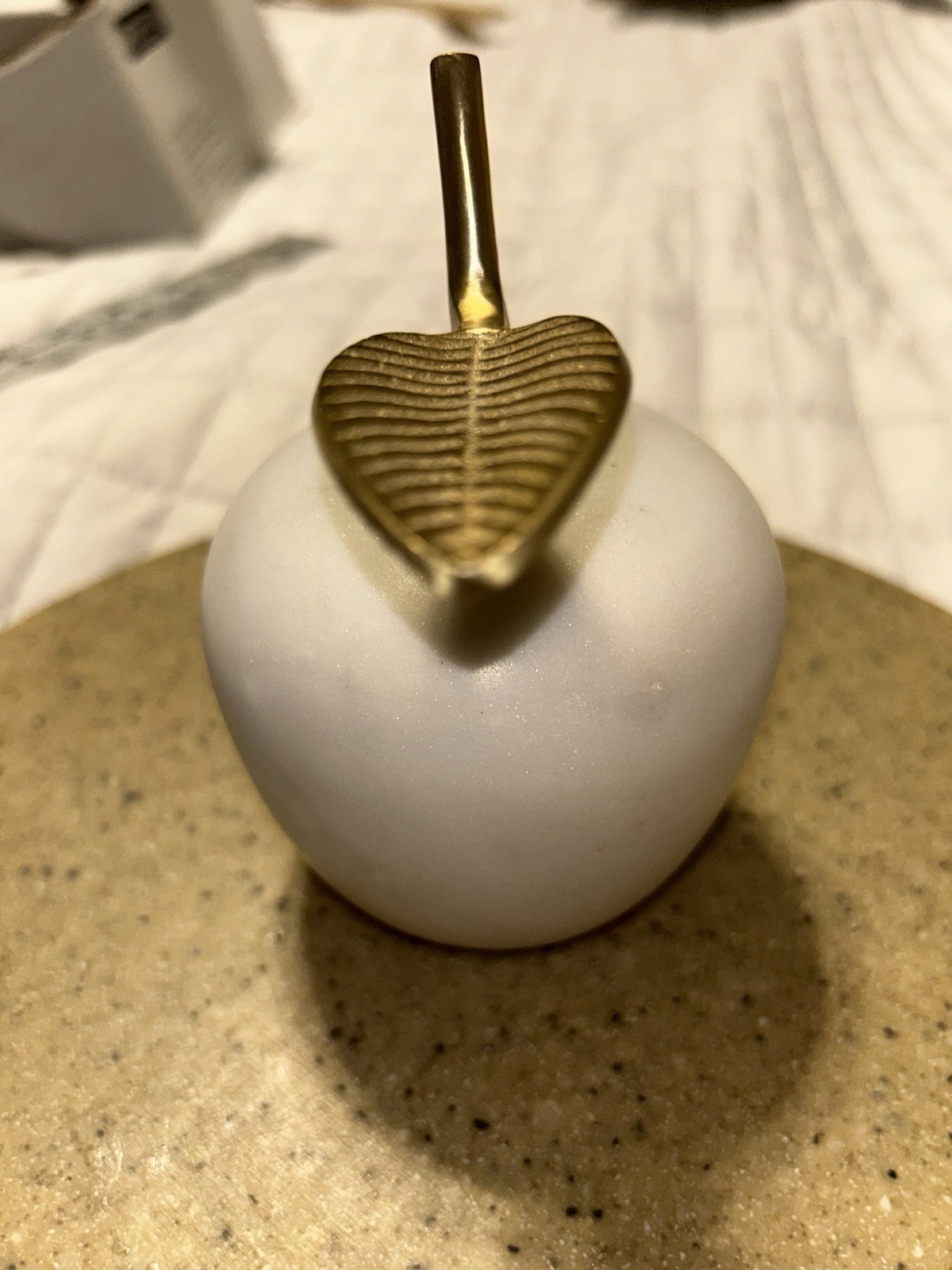 Anthropology white/gray Swirl solid marble and brass apple Leaf Paper Weight