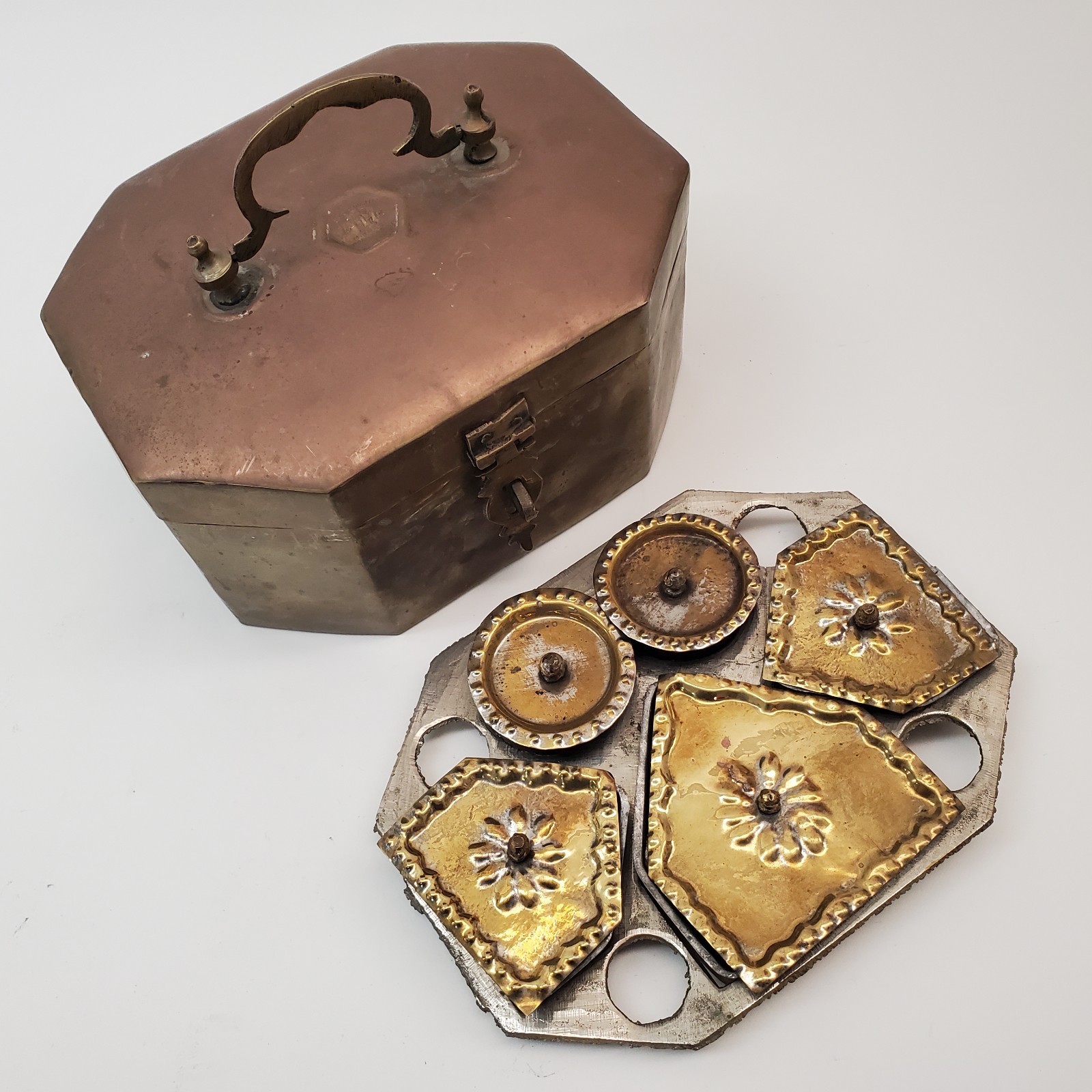 Vintage Indian Brass Betel Nut Paan/ Spice Box Octagonal Multi‑Compartment
