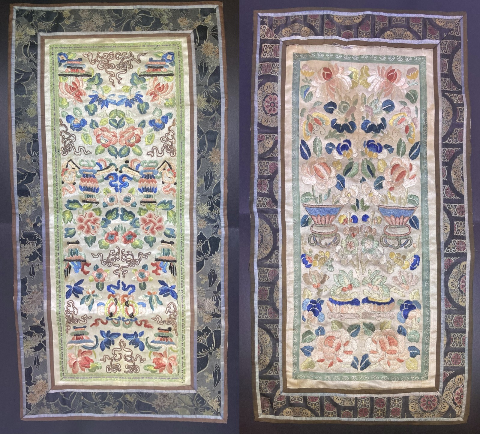 Oriental Vintage Silk Hand Embroidered Chinese Panels (Set of 2)