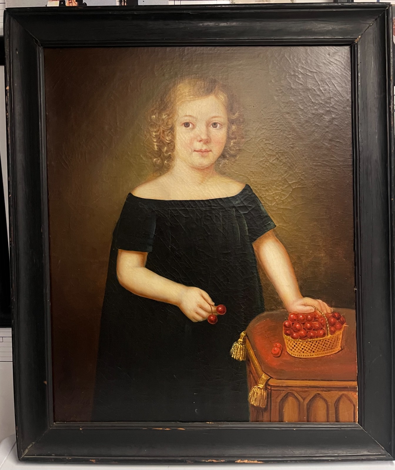 Marie Crespin (19th C.) Oil Painting 1844 – Girl w/ Basket of Cherries – Signed