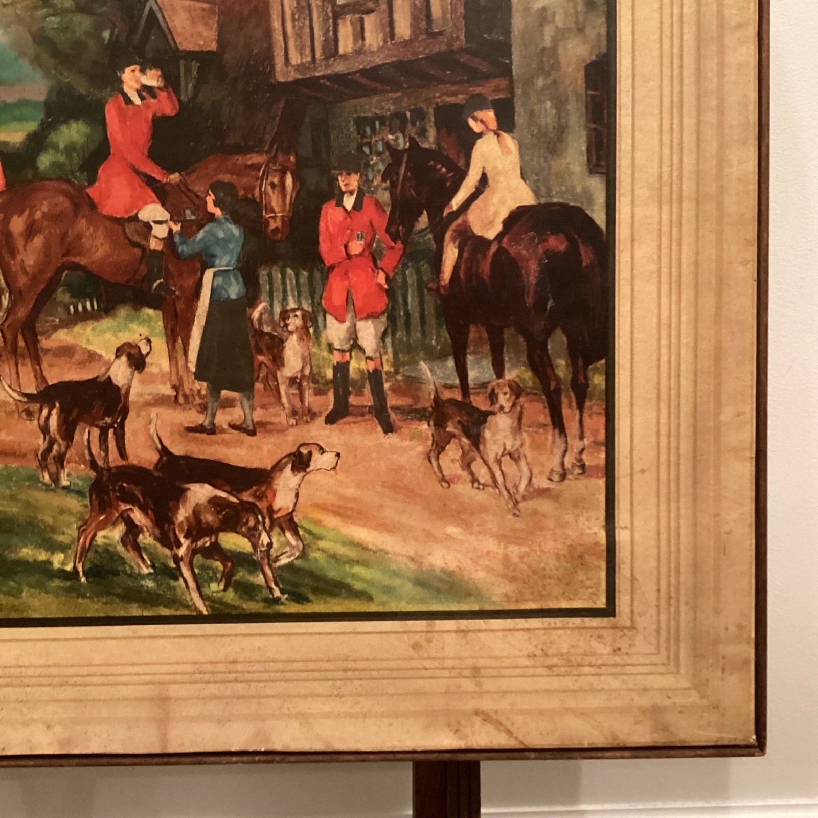 Vintage English Fox Hunt Scene Folding Card Table Fireplace Screen Wood Litho