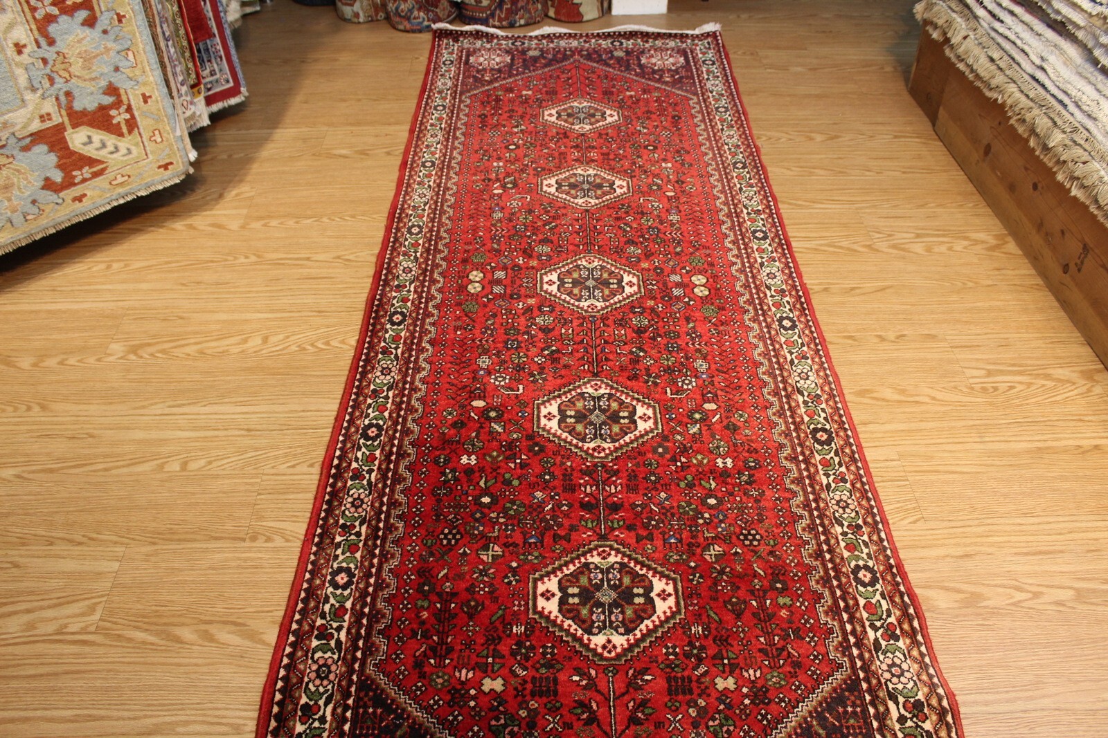 10FT. LONG HALL RUNNER RED BACKGROUND Handmade Bidjar rug Sheraz Design 3’4″x10′