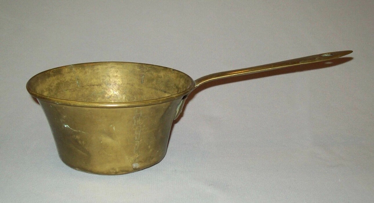 Antique vtg mid 19th C Small All Brass Cooking Pan Pot Marked Lyon Very Nice