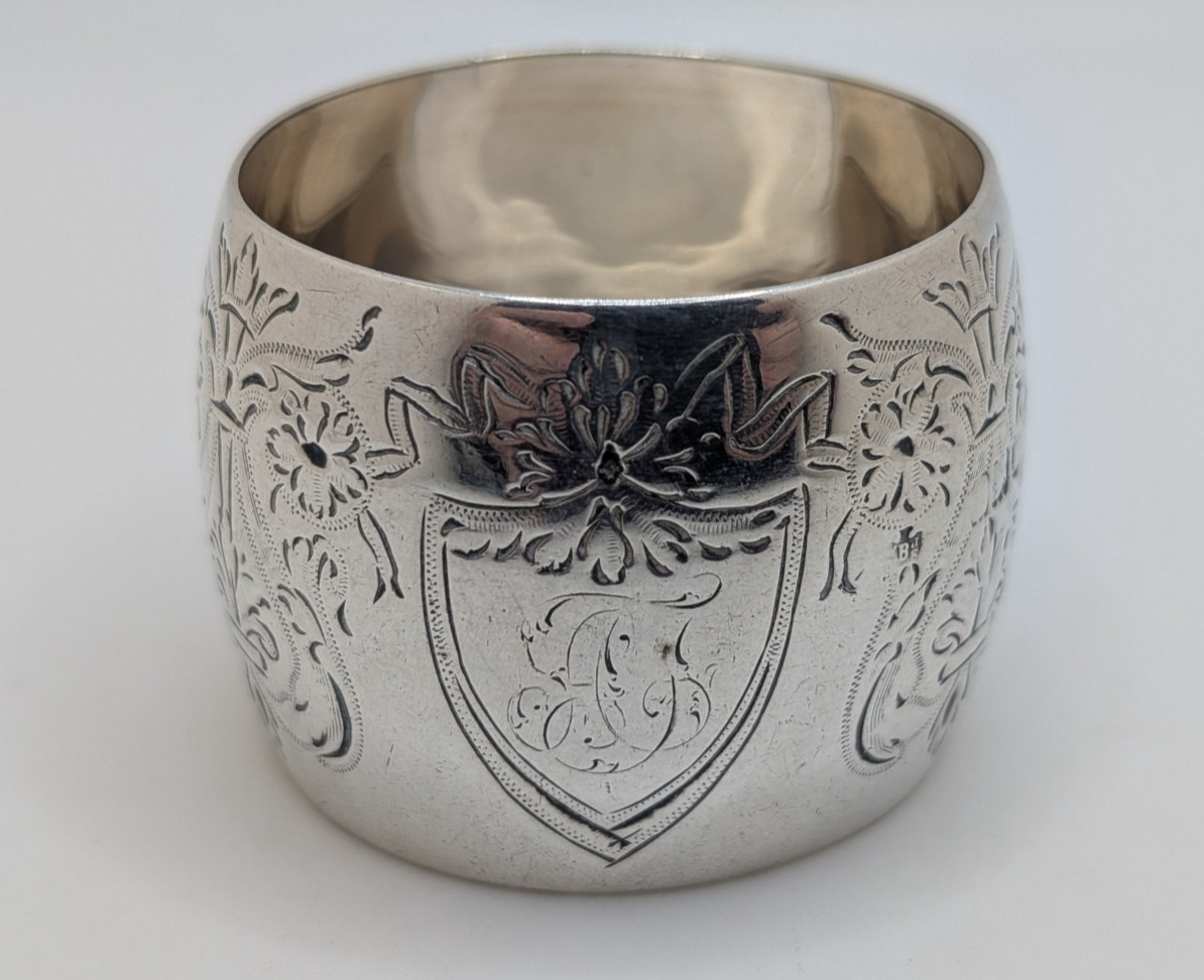 Antique English Sterling Silver Napkin Ring “AT” initials engraving, circa 1908