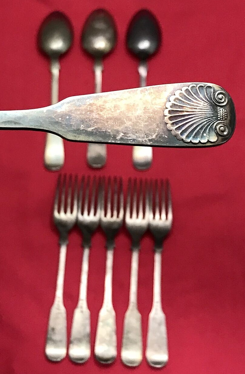 9 c1895 Silverplated Hammered SHELL Spoons & Forks T Beardsmore Birmingham UK